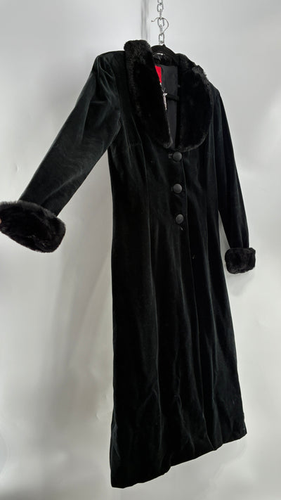 Vintage JS Collection Velour Duster Coat with Deep Neckline, Vegan Fur Collar and Cuffs (Large)