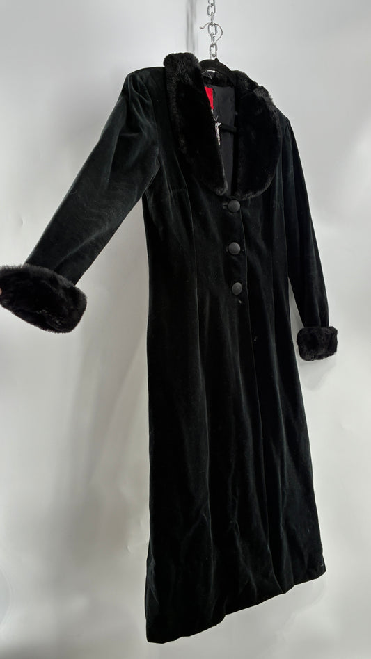Vintage JS Collection Velour Duster Coat with Deep Neckline, Vegan Fur Collar and Cuffs (Large)