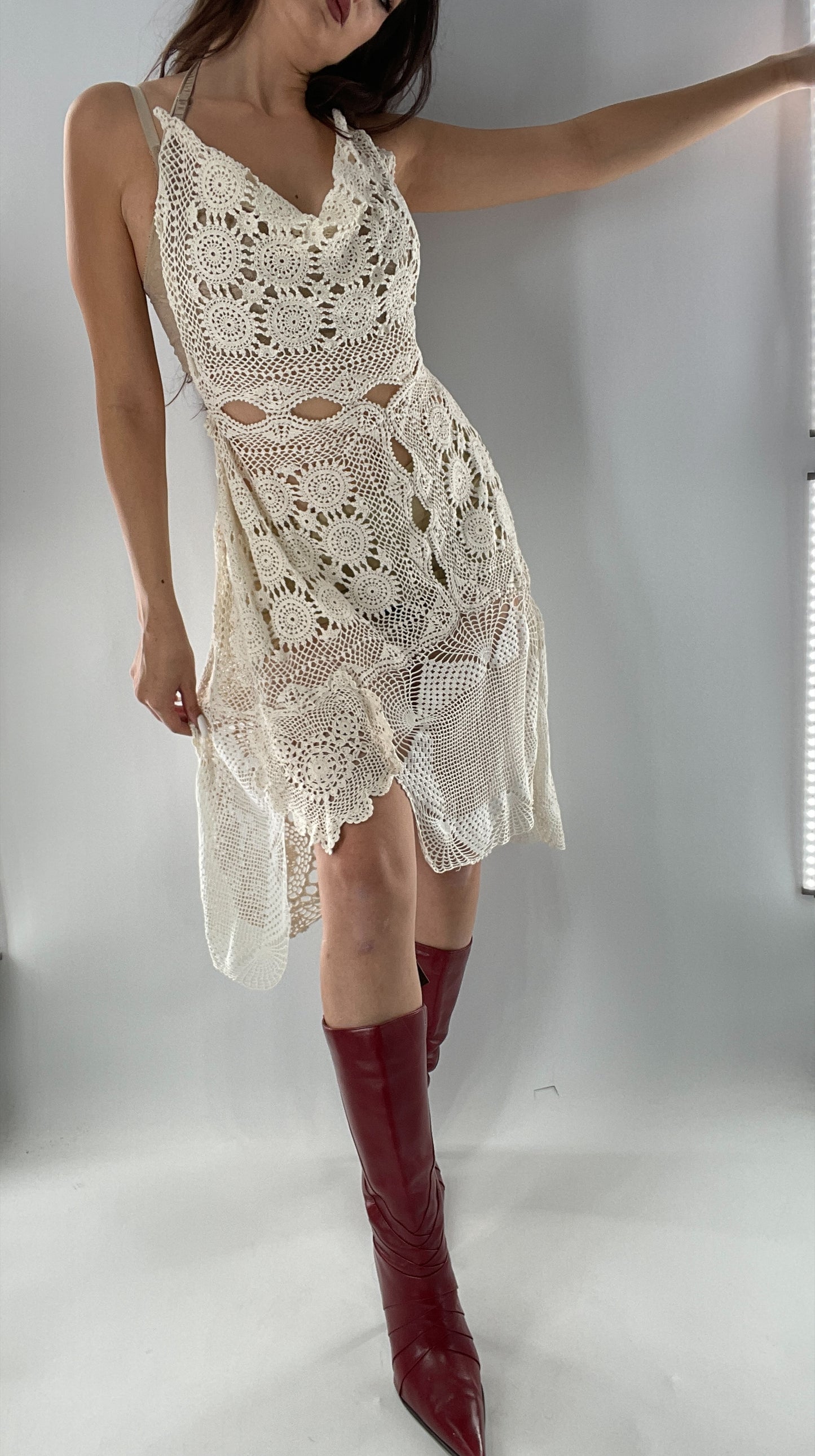 Vintage Handmade Crochet Cottage Adjustable Dress with Open, Low Back (One Size)