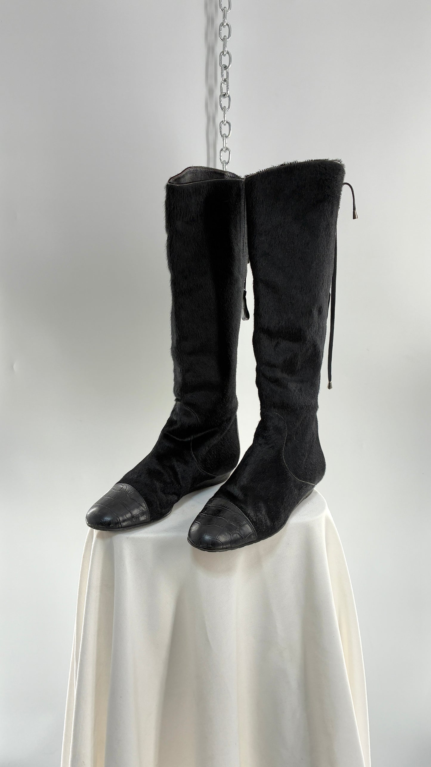 Vintage MIGLIORINI Black Genuine Calf Hair/Fur Boots with Heel, Made in Italy (7.5)