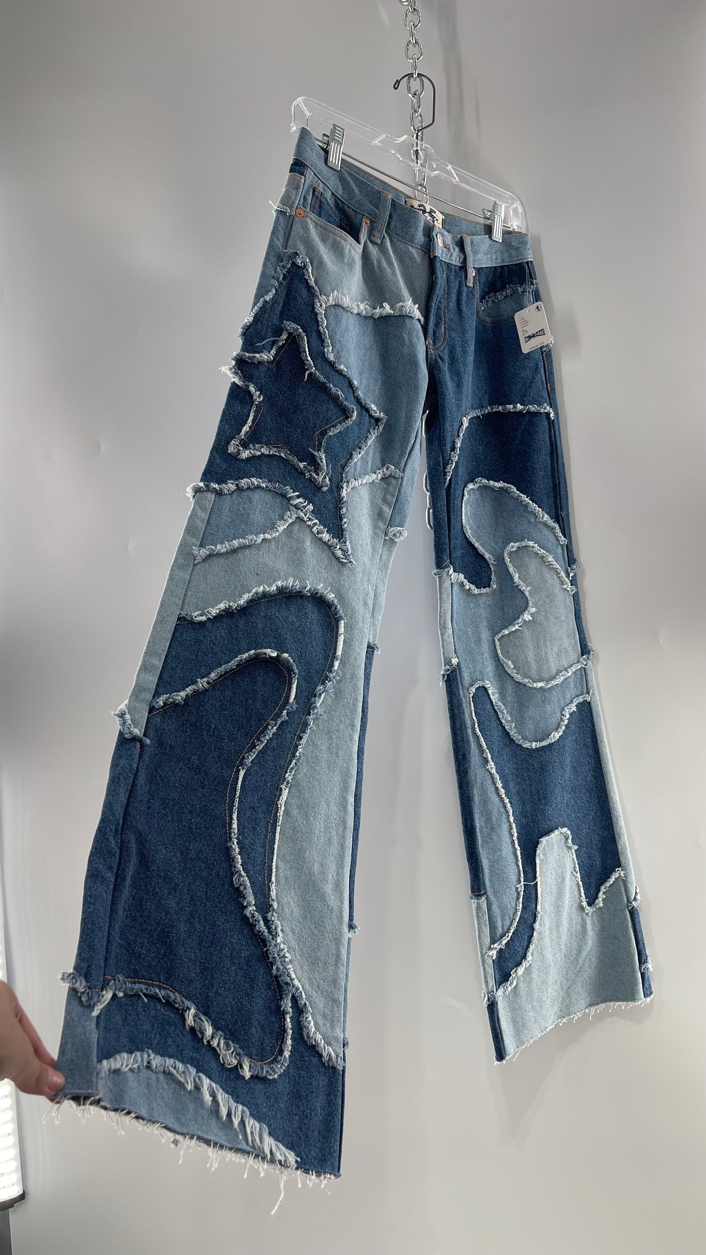 Free People Multi Denim Toned Wavy Patched Jeans (25) ***WITH TAGS***