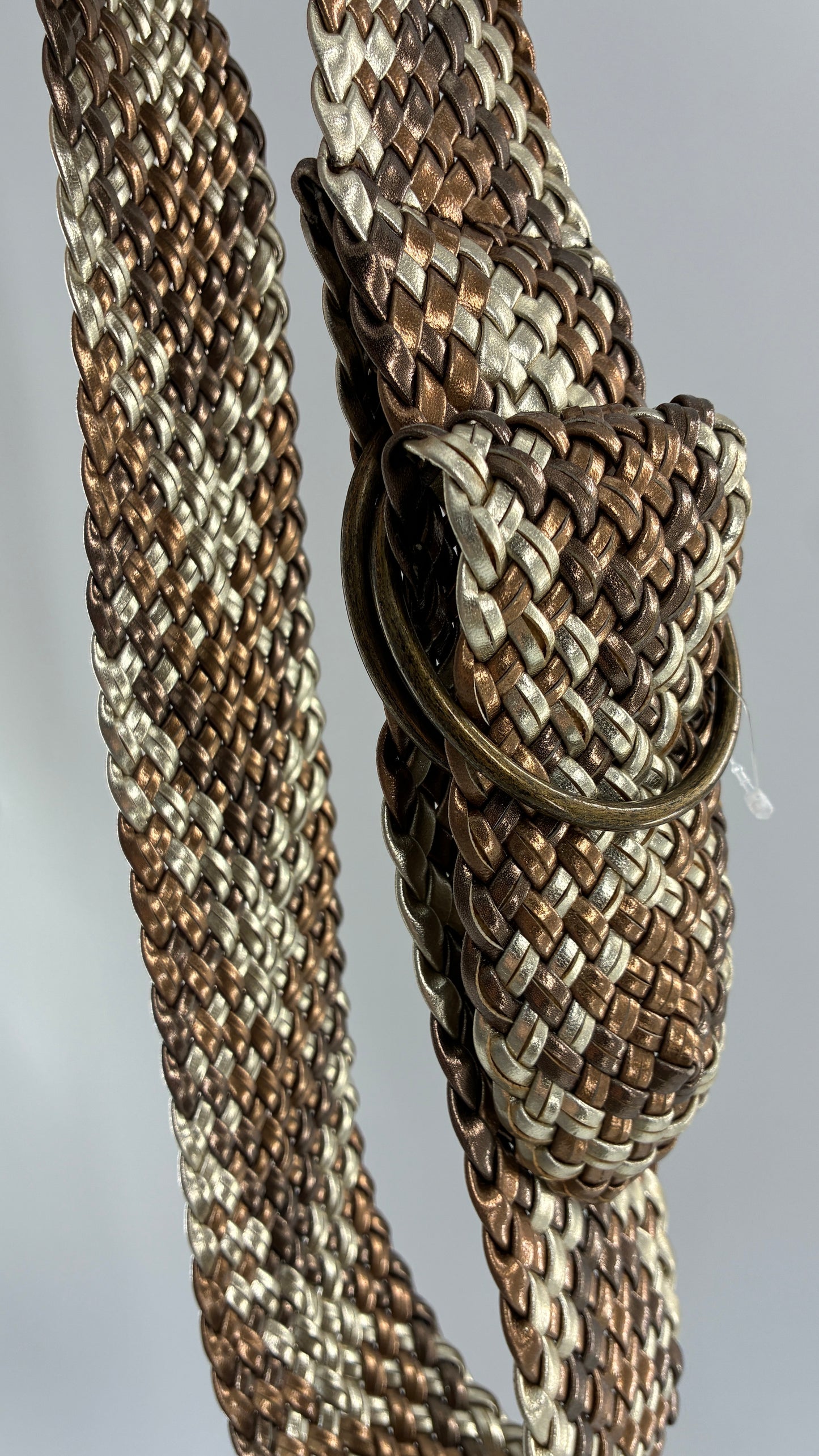 Vintage Metallics Silver Bronze Woven Wide Hip Belt with Oversized Bronze Round Buckles (One Size)