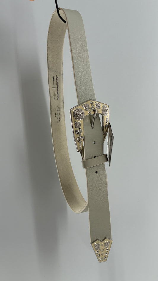 LoveStrength Anthropologie Off White Leather Belt with Oversized Dramatic Buckle (M/L)