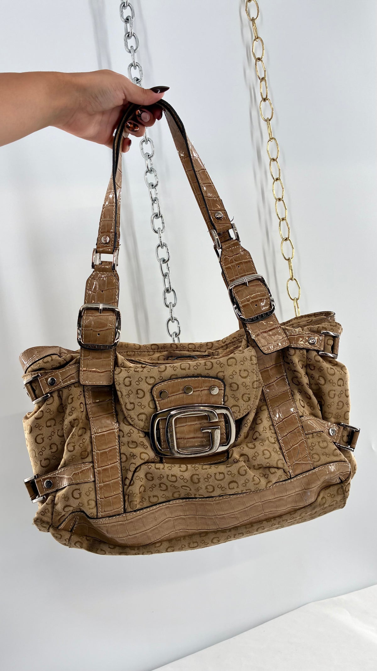 Vintage Guess Tan Monogram Shoulder Bag With Croc-Embossed Trim