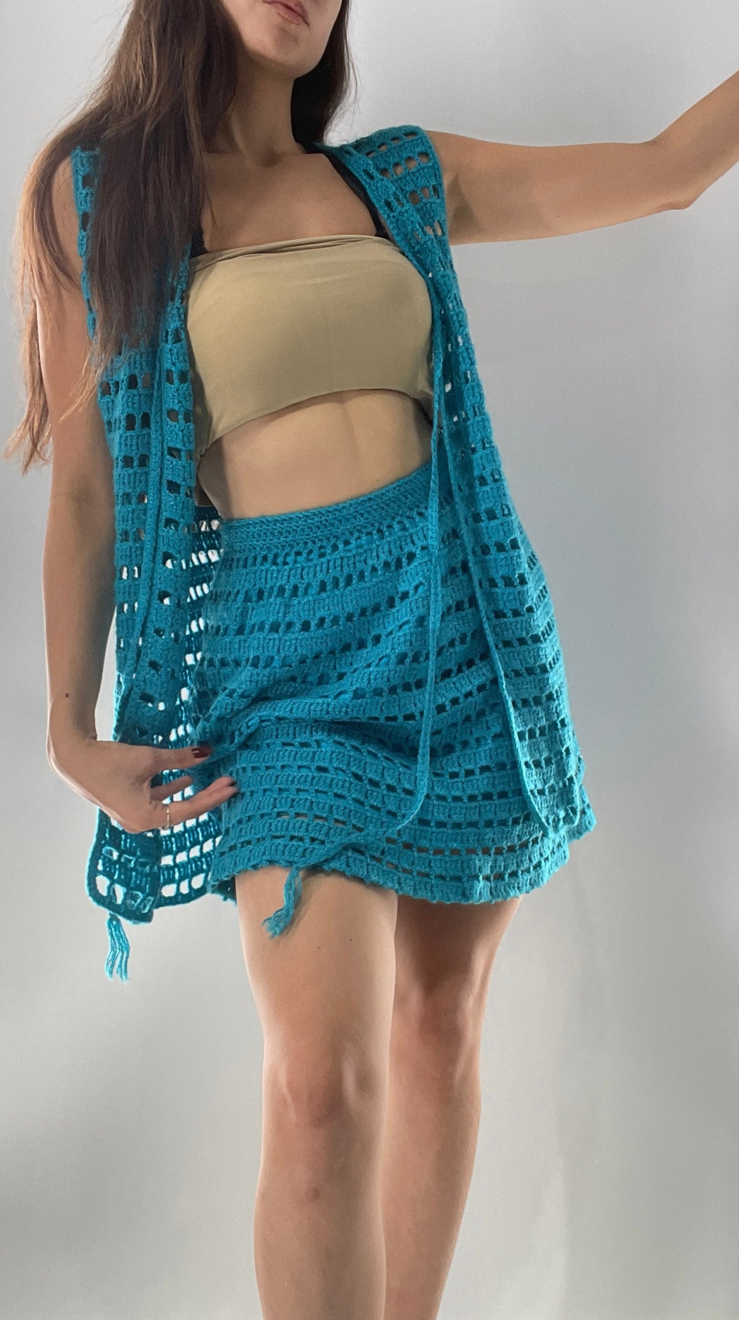 Vintage 1970s Handmade Blue Crochet Knit Mini Skirt and Long Tie Bust Vest (XS/S)