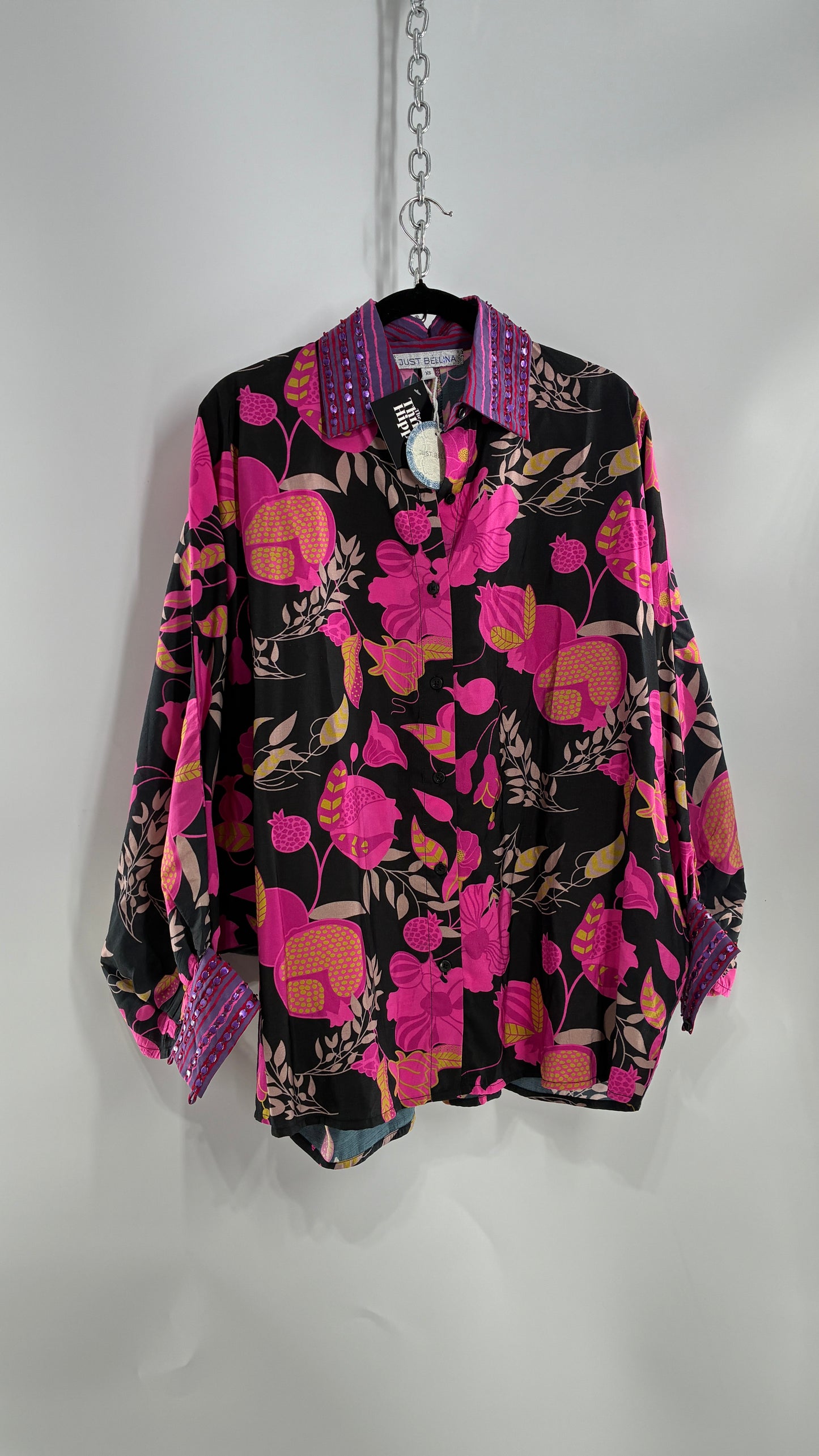 JUST BELLINA Black Oversized Blouse with Exaggerated Sleeves, Embroidered Collar and Tags Attached (XS)
