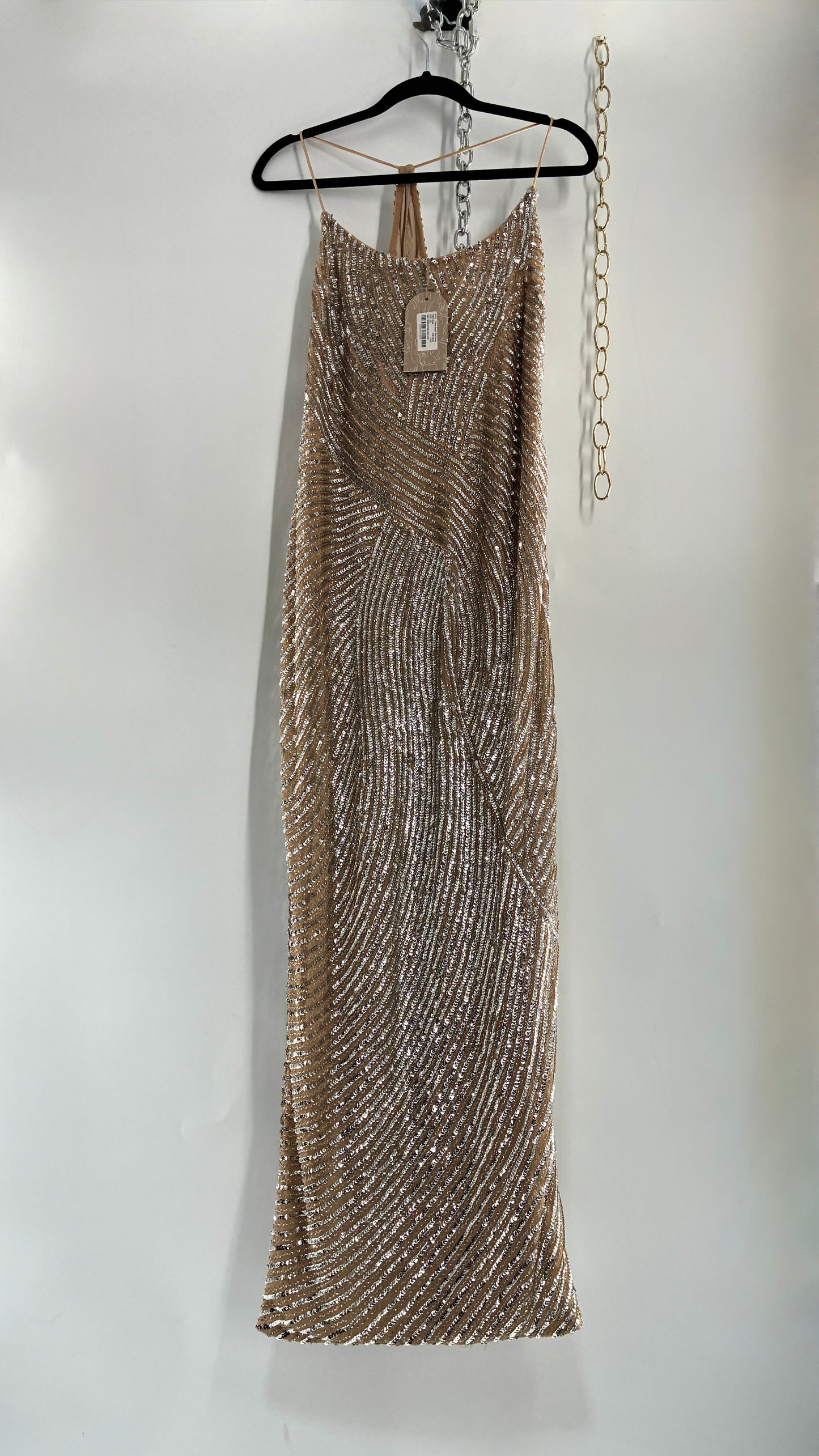 MESHKI Tierra Nude Full Length Dress with Silver Sequins with Tags Attached (XXXL)