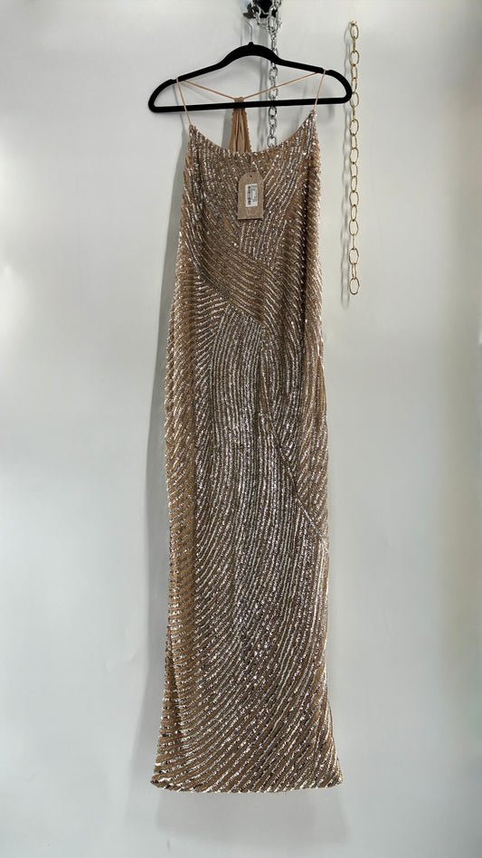 MESHKI Tierra Nude Full Length Dress with Silver Sequins with Tags Attached (XXXL)