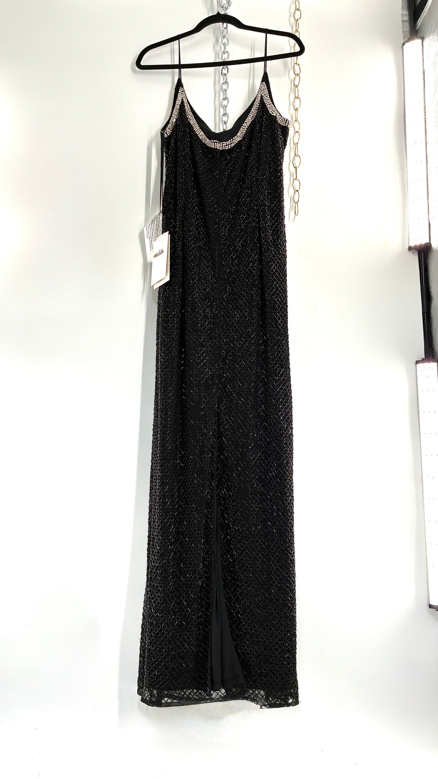 Vintage MAC DUGGAL Black Beaded Spaghetti Strap Column Gown with Tags Attached (16)