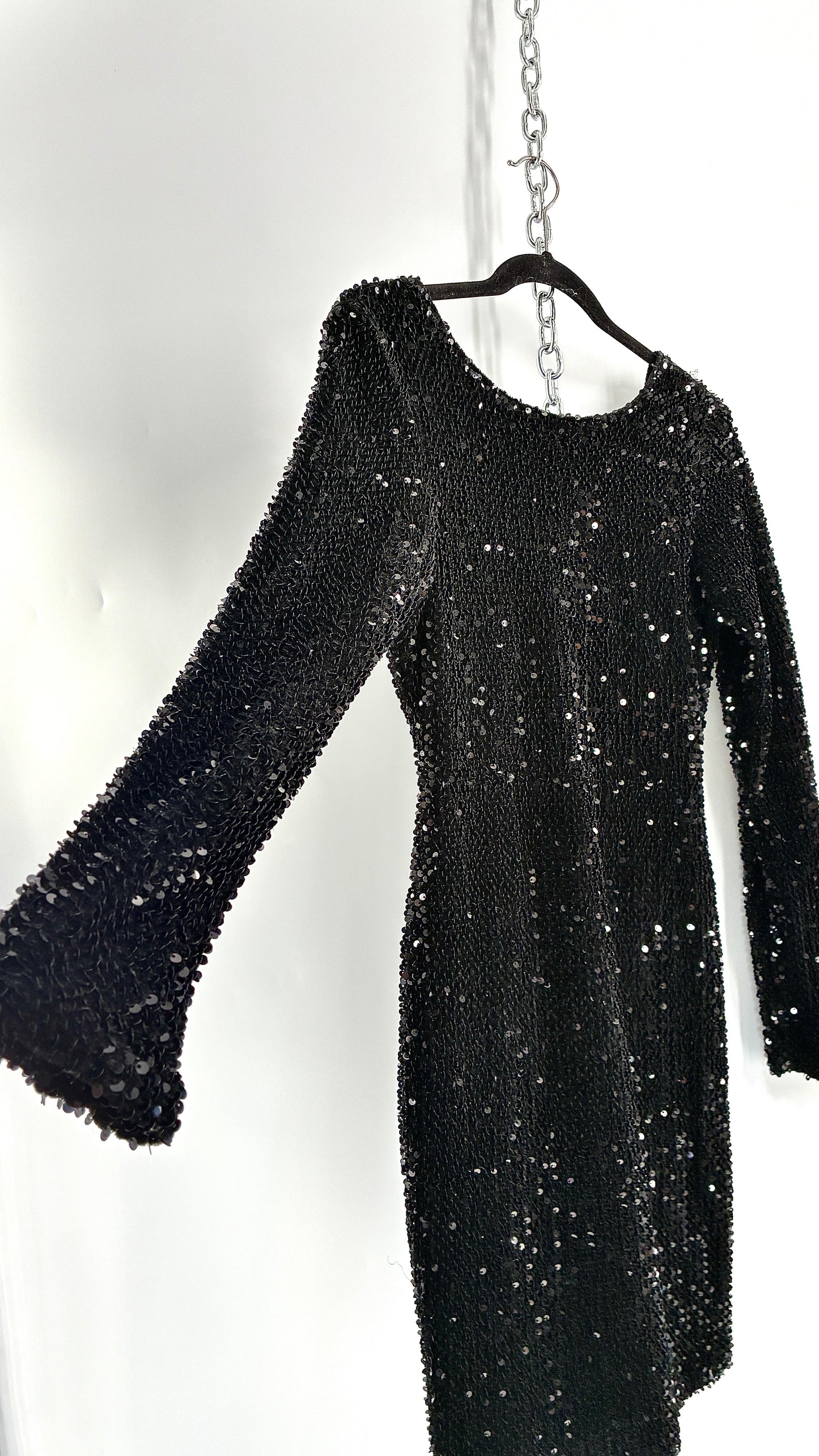 MOTEL Black Thick Velour and Sequin Long Sleeve Bodycon Mini Dress (Medium)