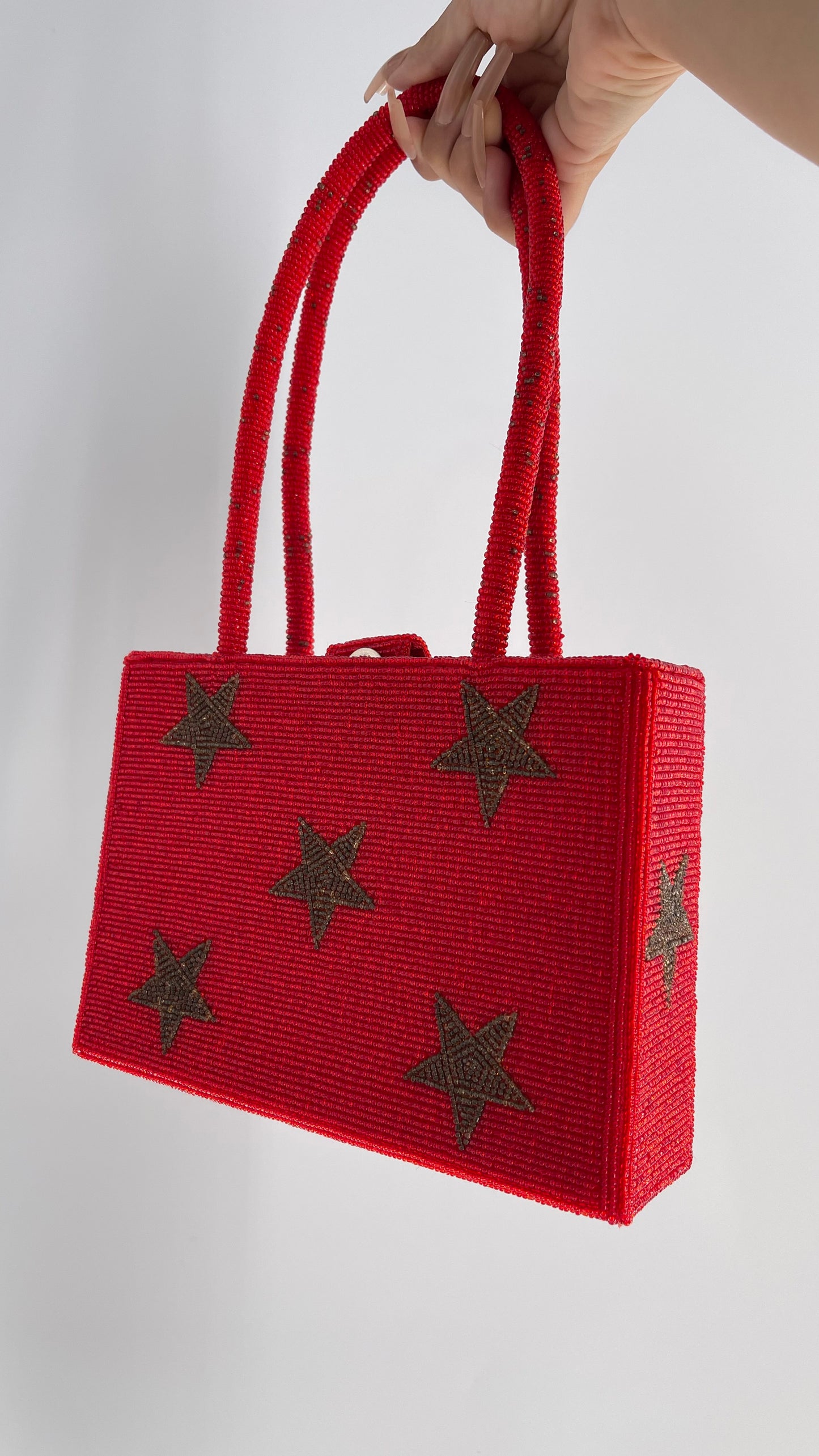 Vintage Lynne Jerome Red Beaded Box Bag with Gold Stars