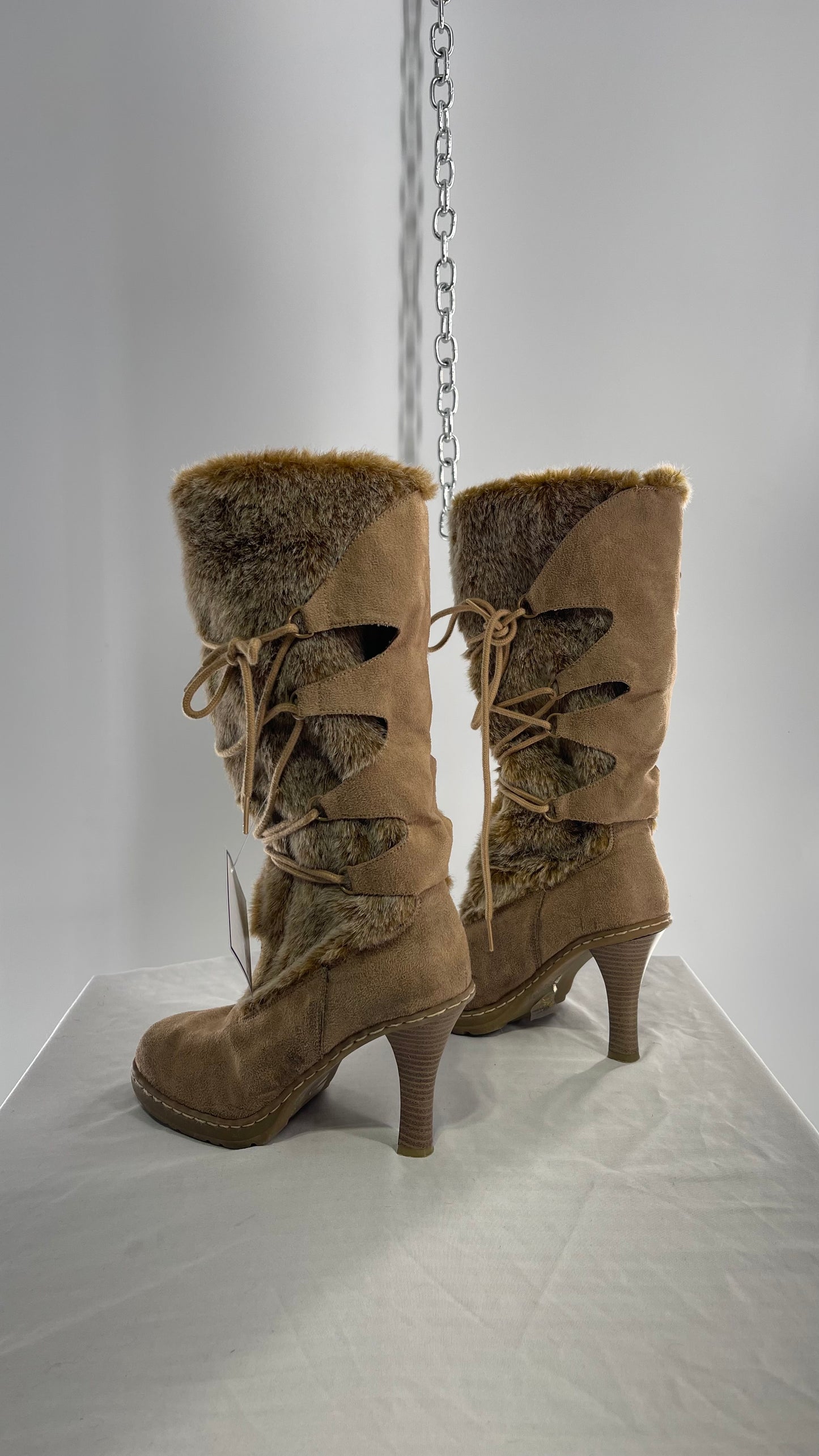 Vintage Round Toe Faux Fur Booties with Tie Up Details (7.5)