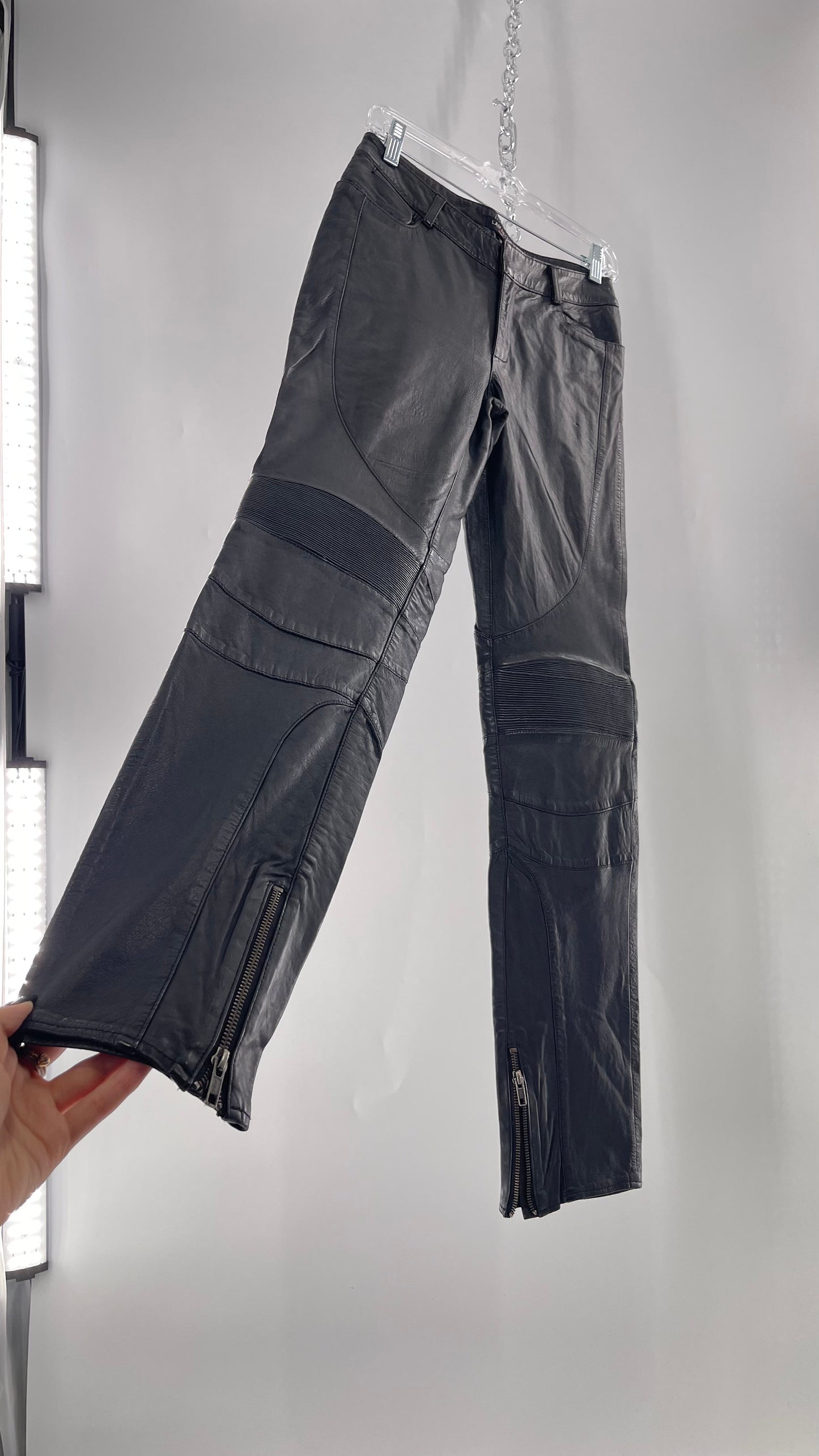 LAMARQUE 1990s Collection Vintage Black Leather Moto Style Pant with Panels, Ribbing and Zipper Details (6)