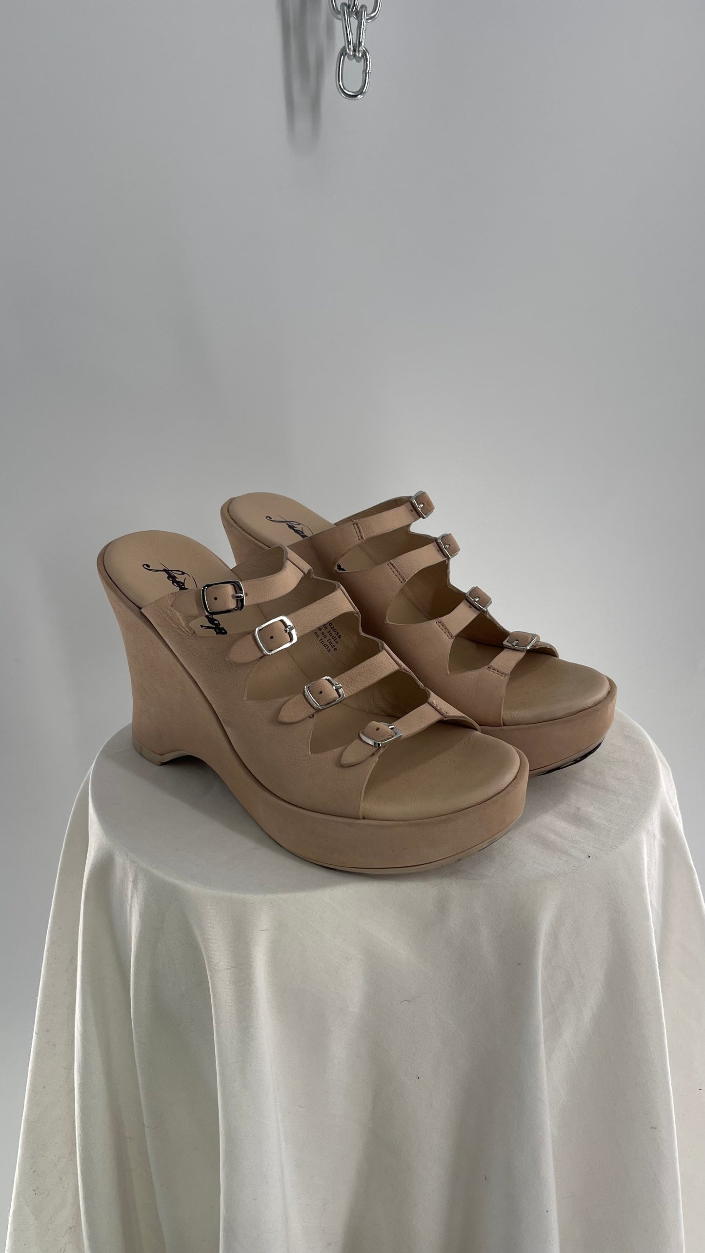 Free People Huffman Beige/Tan Leather Wedge Multiple Buckle Heel (37)