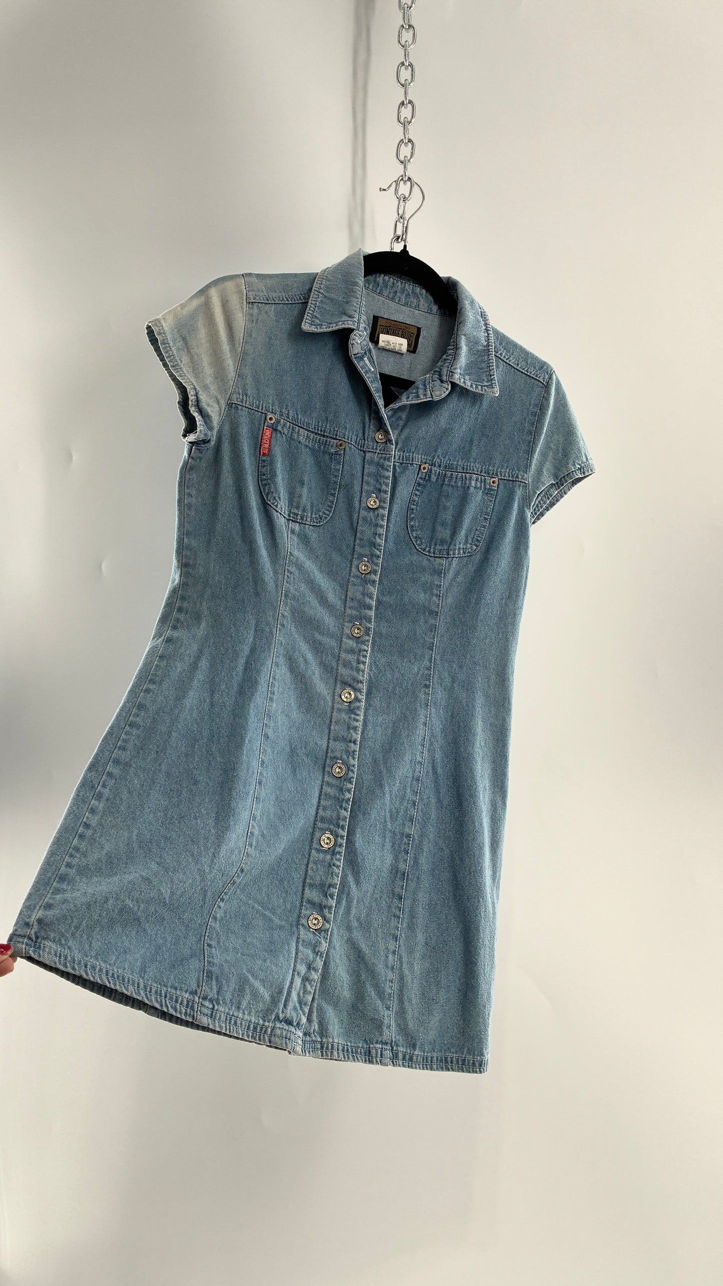 Vintage VINTAGE BLUE Light Wash Denim Button Front Micro Mini Dress (7)