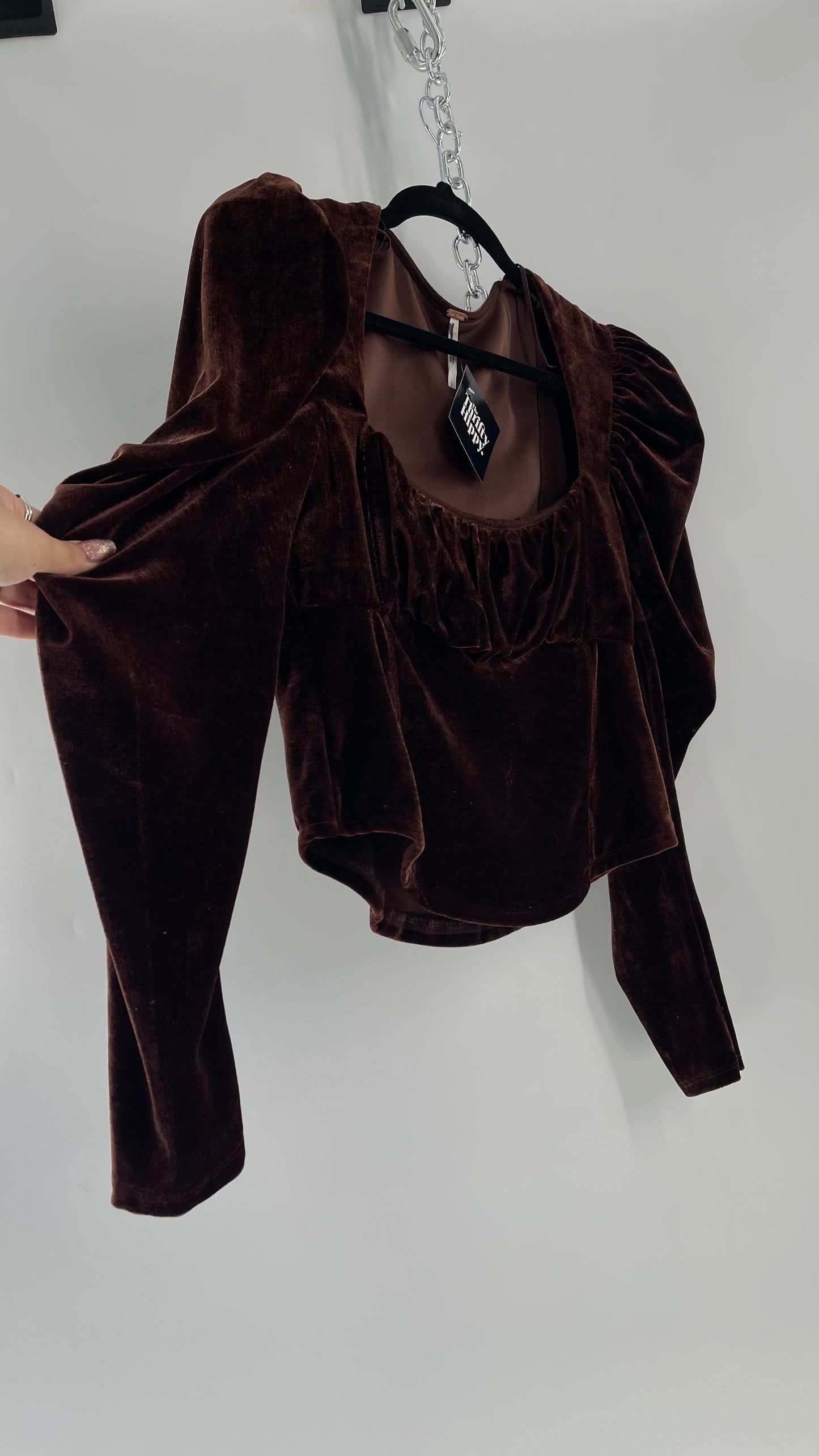 Free People Dark Brown Velvet Long Sleeve Cropped Blouse with Milkmaid Neckline and Renaissance Puff Shoulder (Large)