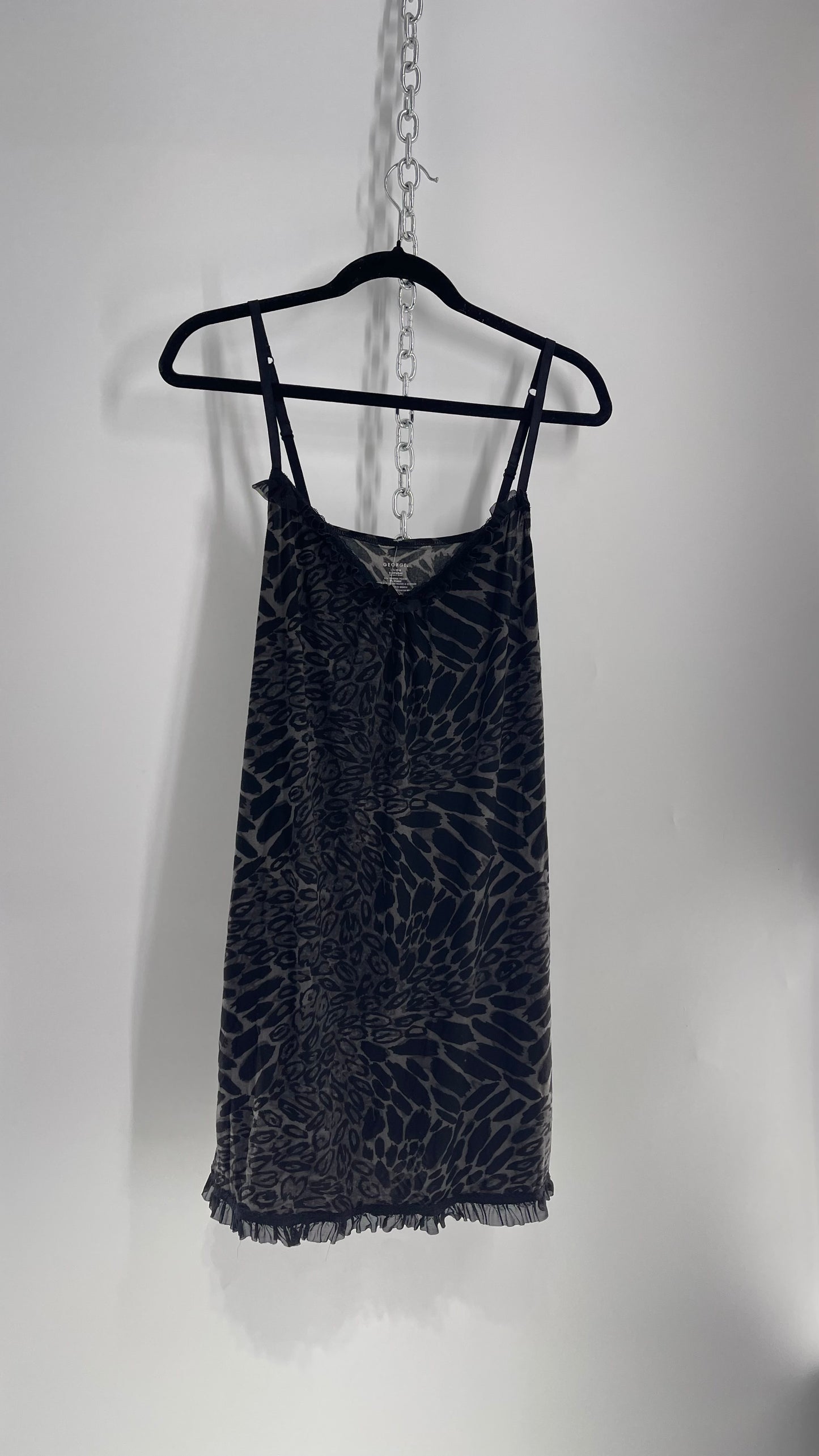 Vintage Black/Grey Leopard Mini Dress with Ruffle Bust (Large)