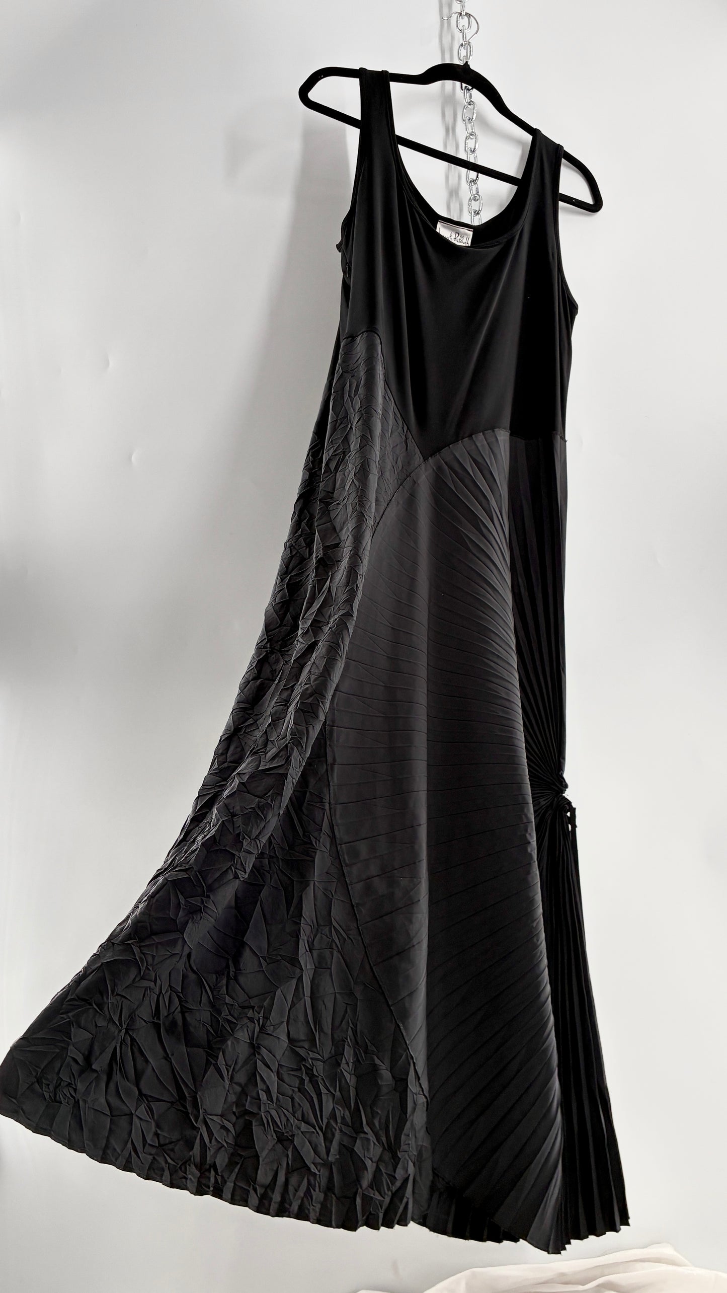 Vintage Joseph Ribkoff Black Asymmetric Pleated and Crimped Maxi Dress (14)