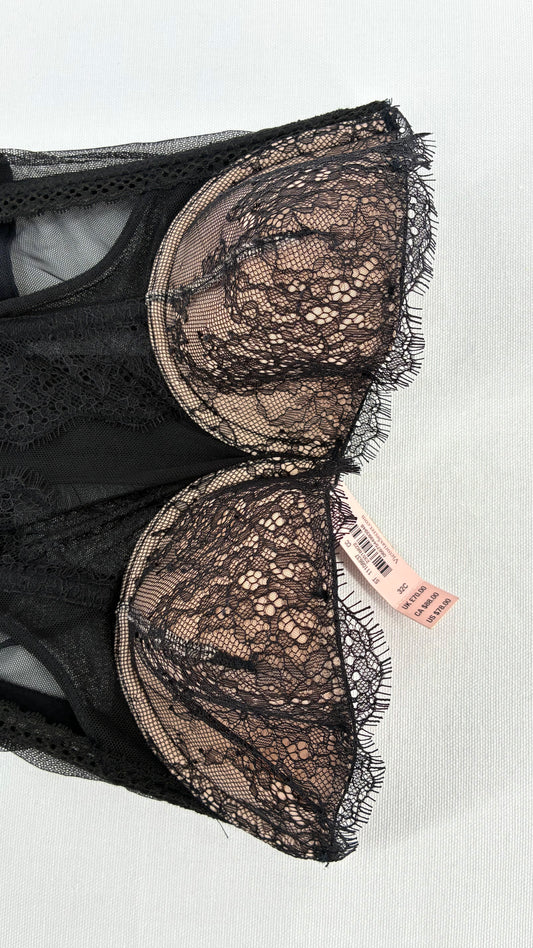 Deadstock Vintage VICTORIA’S SECRET Black Mesh Corset with Nude Cups and Tags Attached (32C)