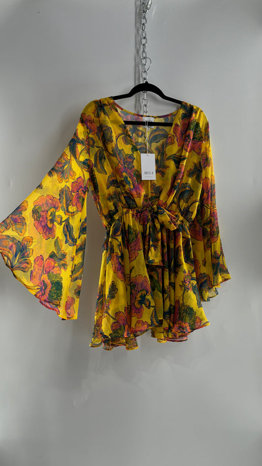 MISA Los Angeles KAIA Yellow Floral Bell Sleeve Long Sleeve Top/Micro Mini Dress with Tags (Small)