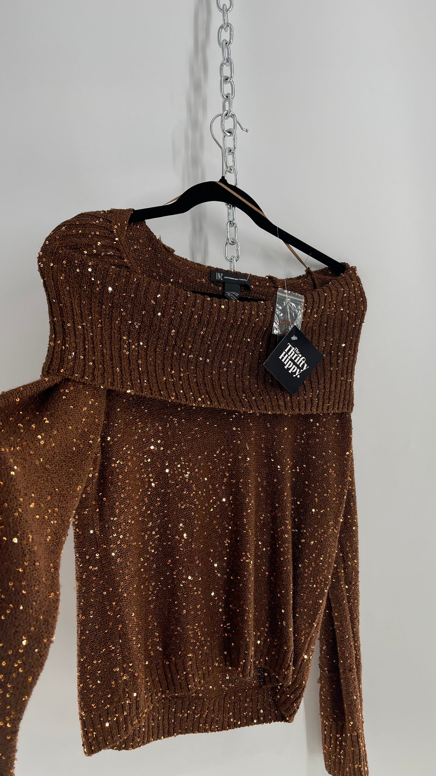 INC Bronze Knit Off the Shoulder Sweater with Sequins (XL)