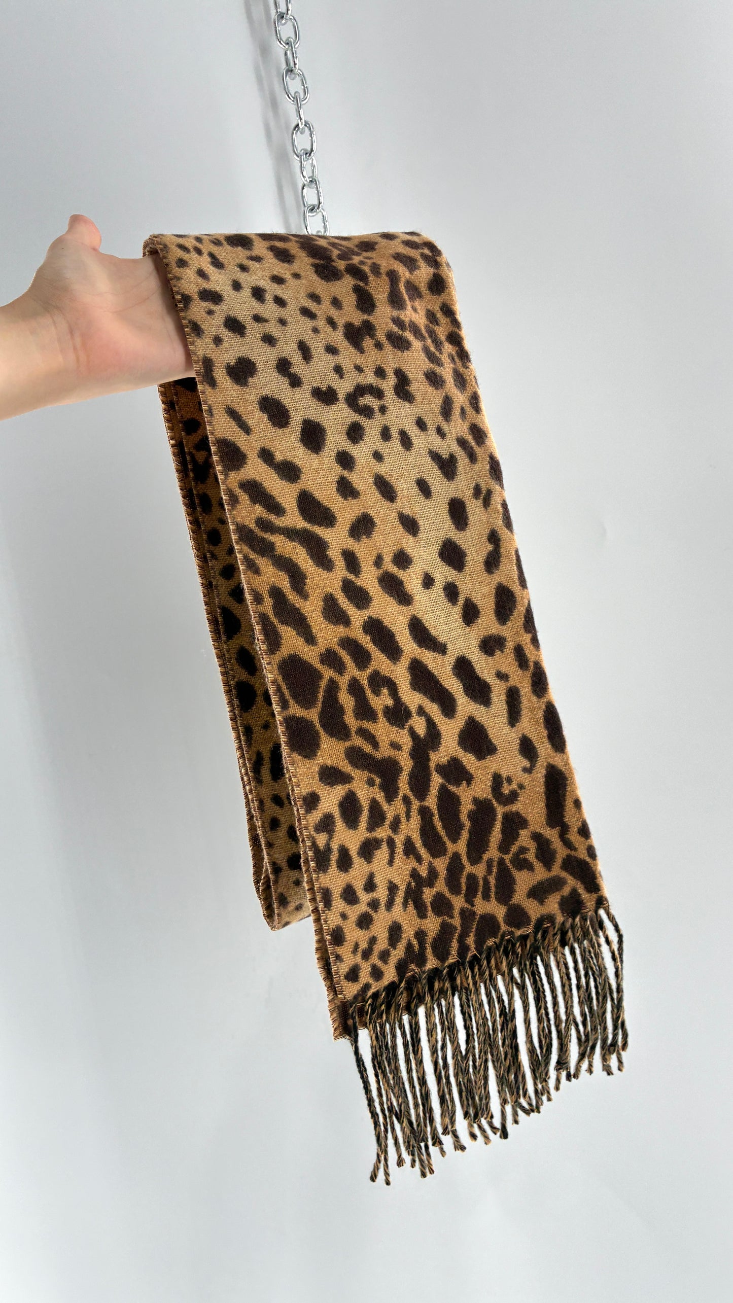 Deadstock Vintage Cheetah Printed Scarf with Fringed Ends and Tags Attached