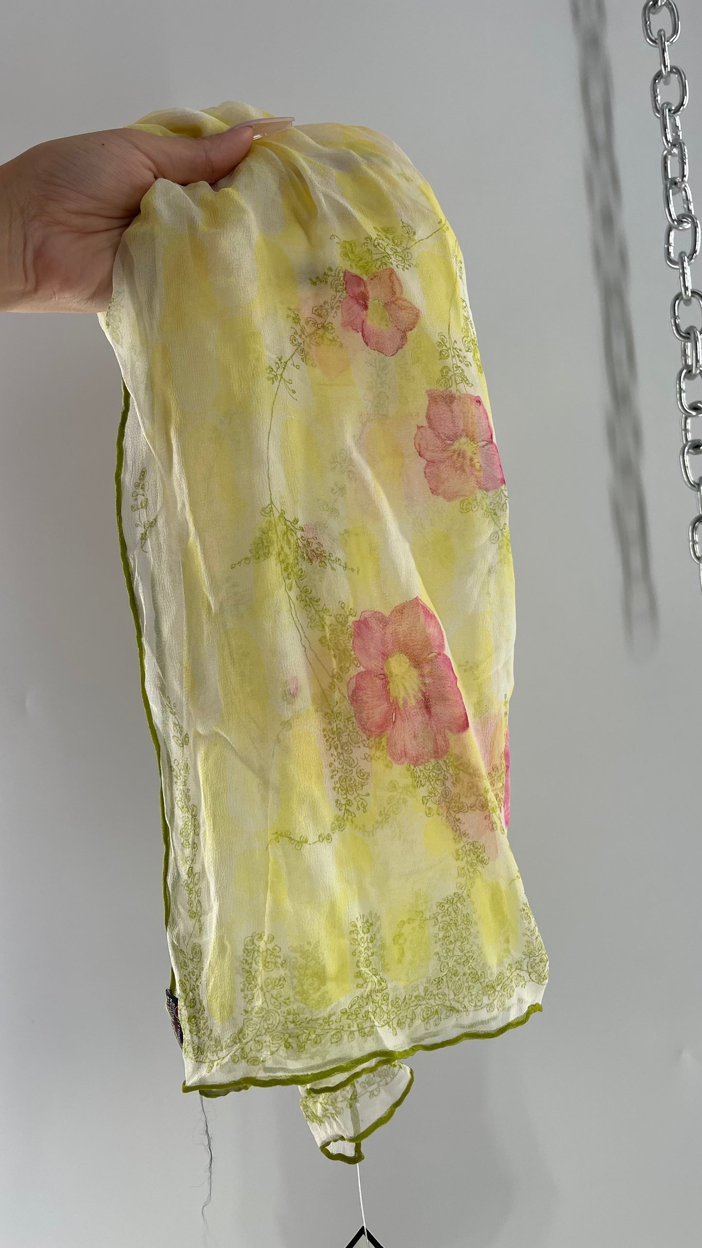 Vintage Lime Skinny Scarf with Florals