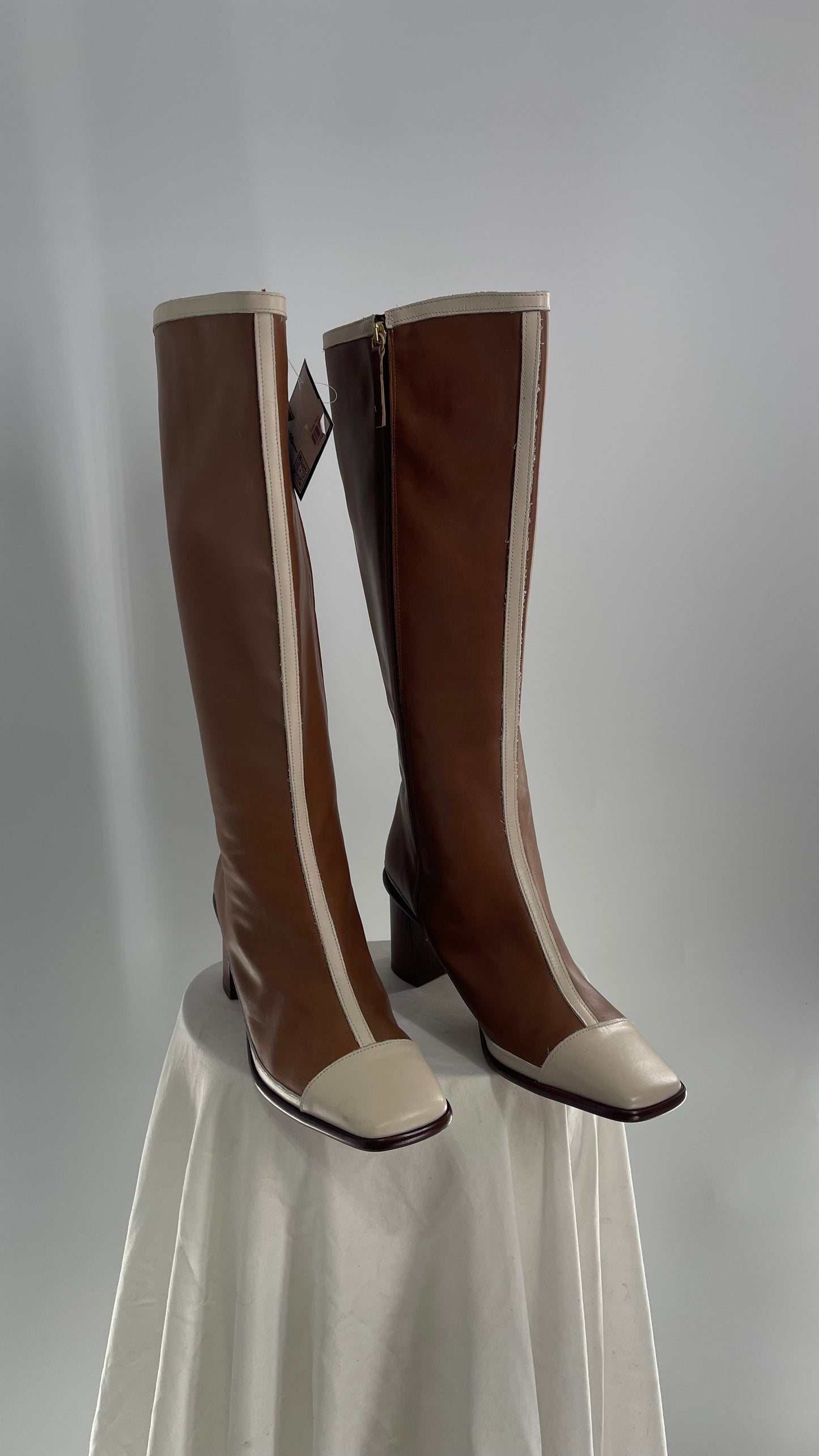 ALOHAS Brown and White Paneled Leather Booties (42)