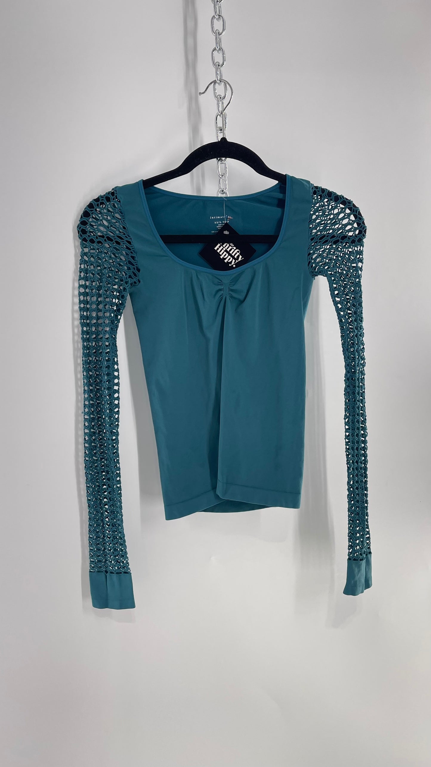 Free People Teal Spandex Top with Long Mesh Sleeves (XS)