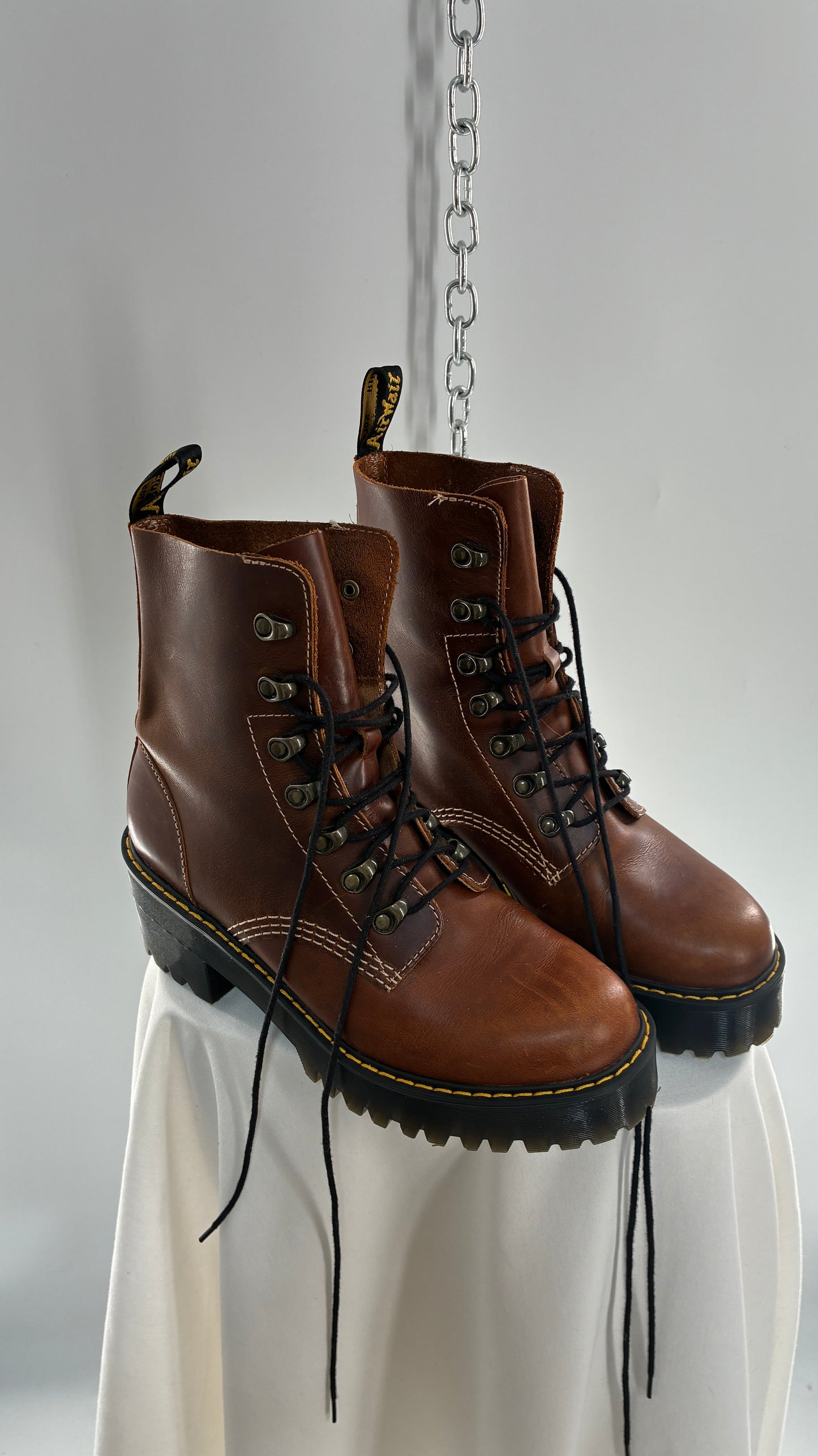 DR. MARTENS Leona Saddle Leather Platform Boots (9L)