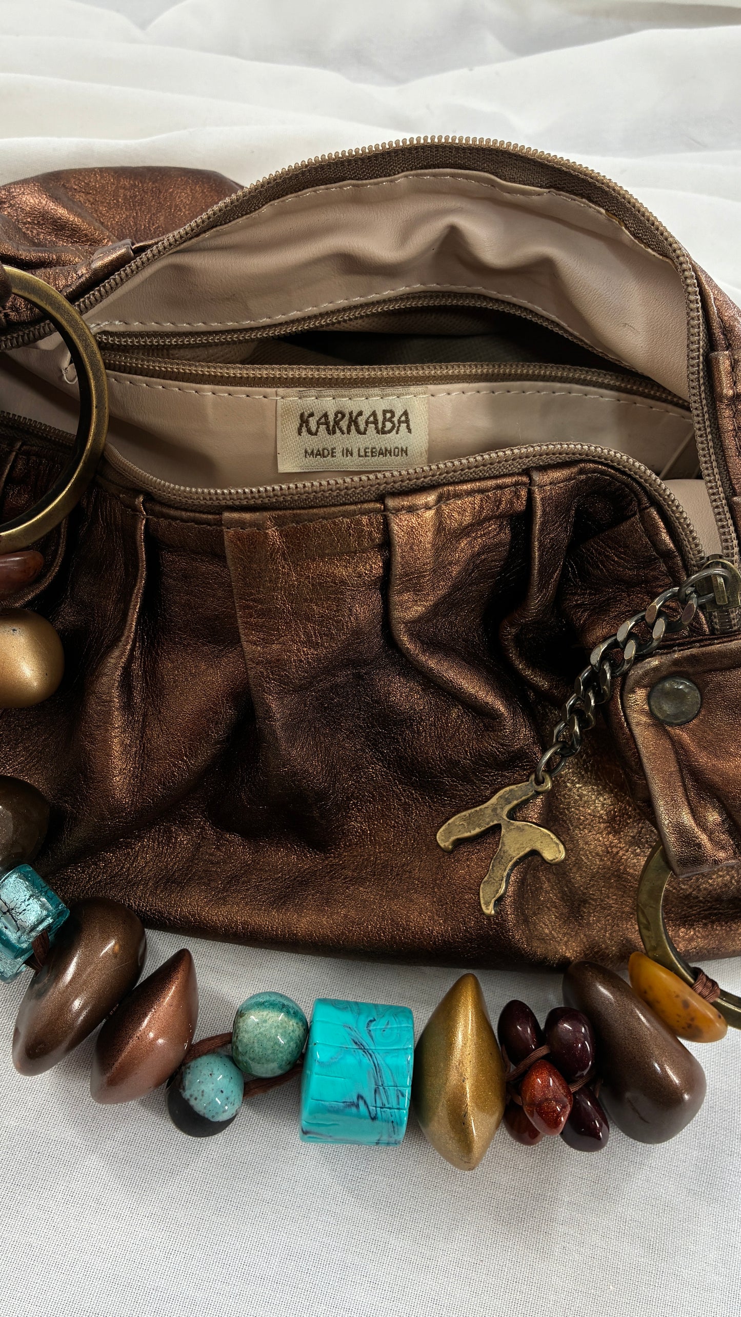 Vintage KARKABA  Metallic Bronze Leather Bag with Exaggerated Beaded Handles