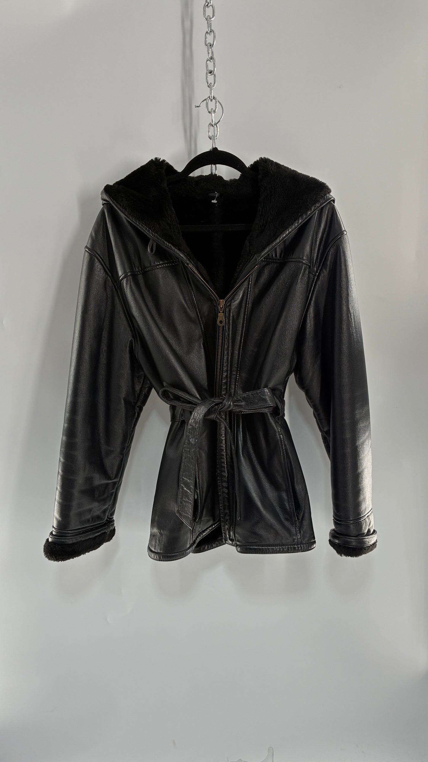 Vintage WILSON’S Fur Lined, Genuine Leather Waist Tie Jacket with Hood (Medium)