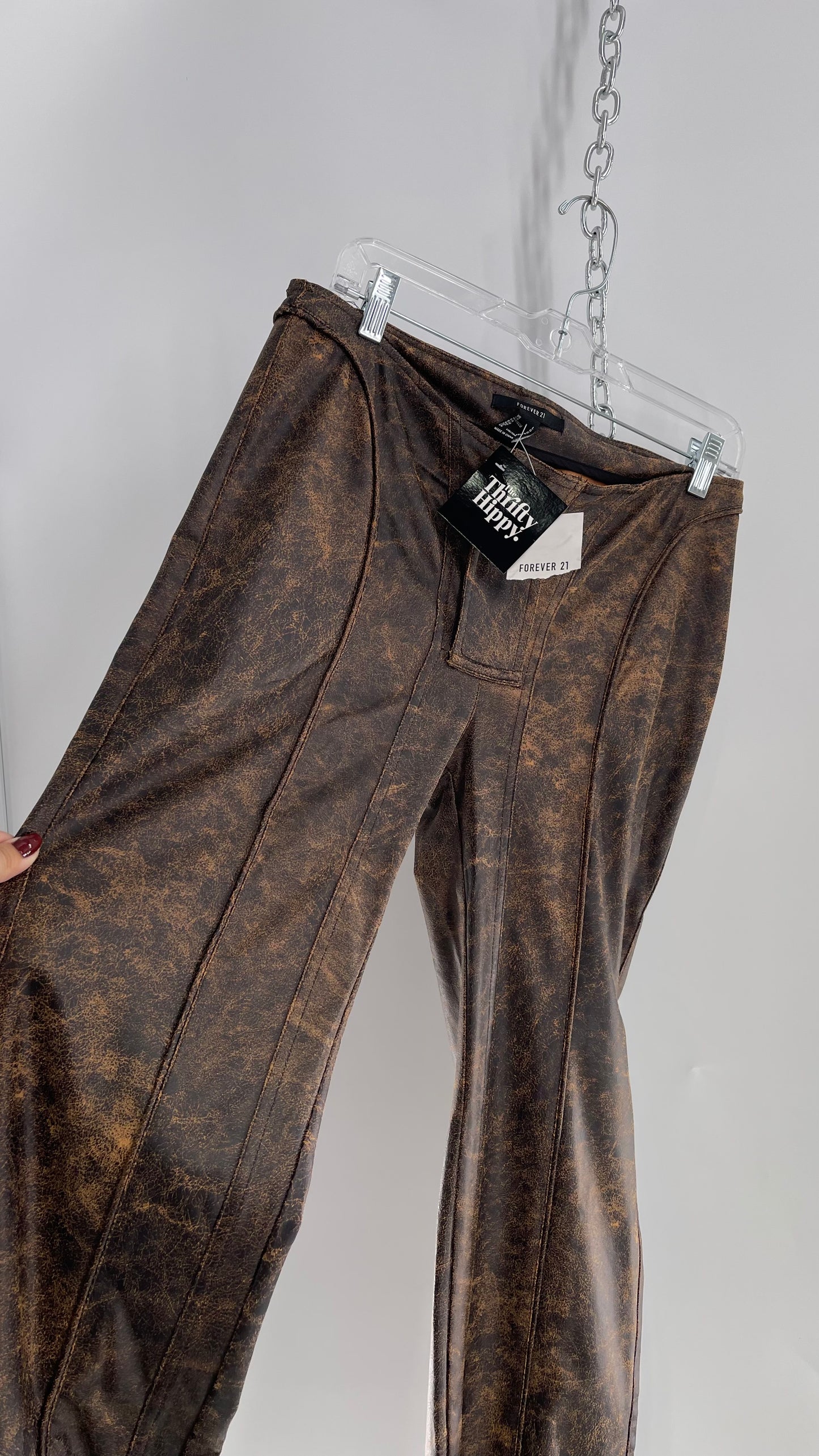 Vegan Brown Leather Kick Flares with Panel Details (Large)