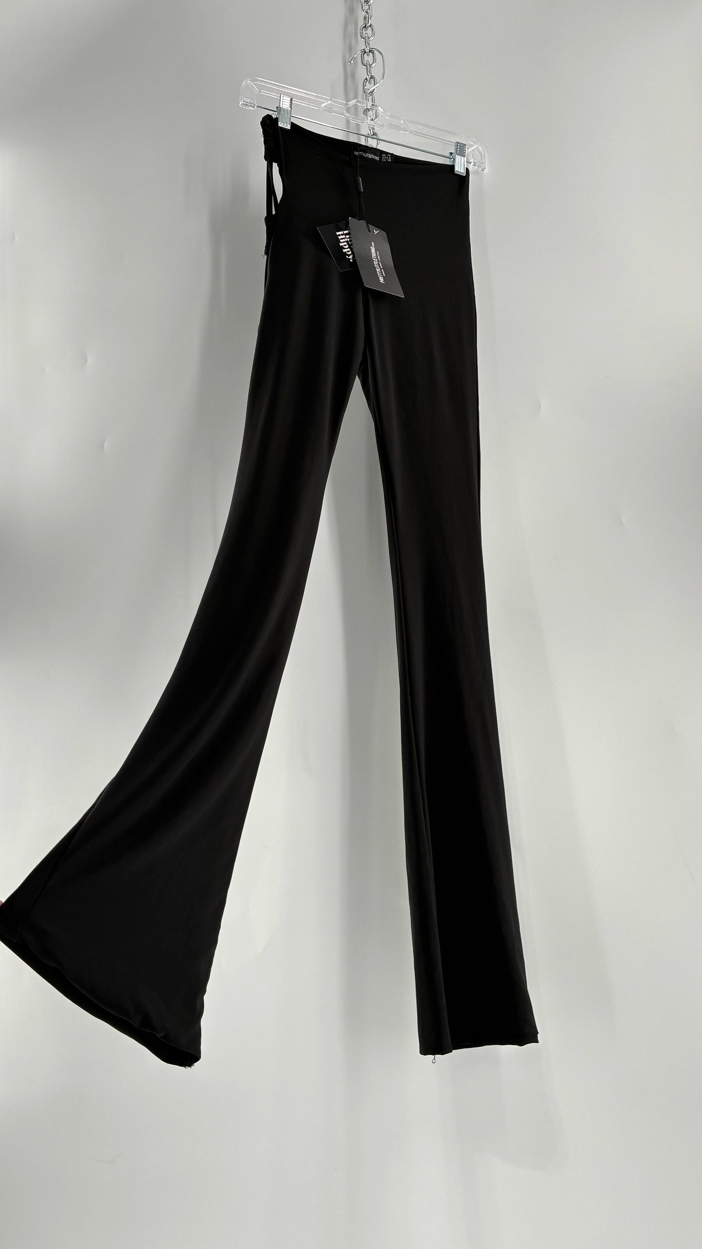 Pretty Little Thing Black Slinky Tie Side Cut Out Flared Double Lined Thick Trousers with Tags Attached (10)