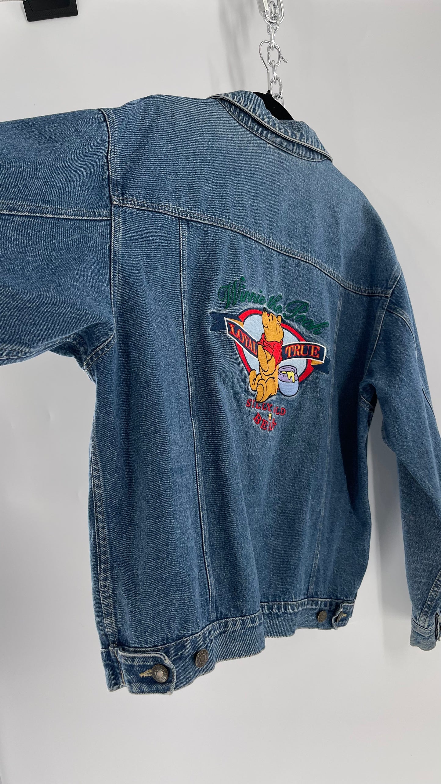 Vintage Disney Denim Jacket with Embroidered Graphic/Patches on Back and Pocket (Medium)