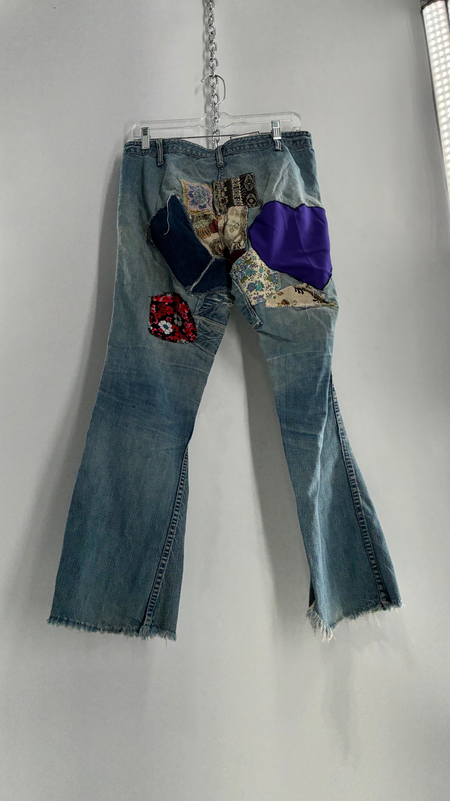 Vintage Rare 1970s Light Wash, Low Rise Boot Cut Jeans with Hand Stitched Tapestry Style Patches and Purple Heart on Bum (Measurements Below)