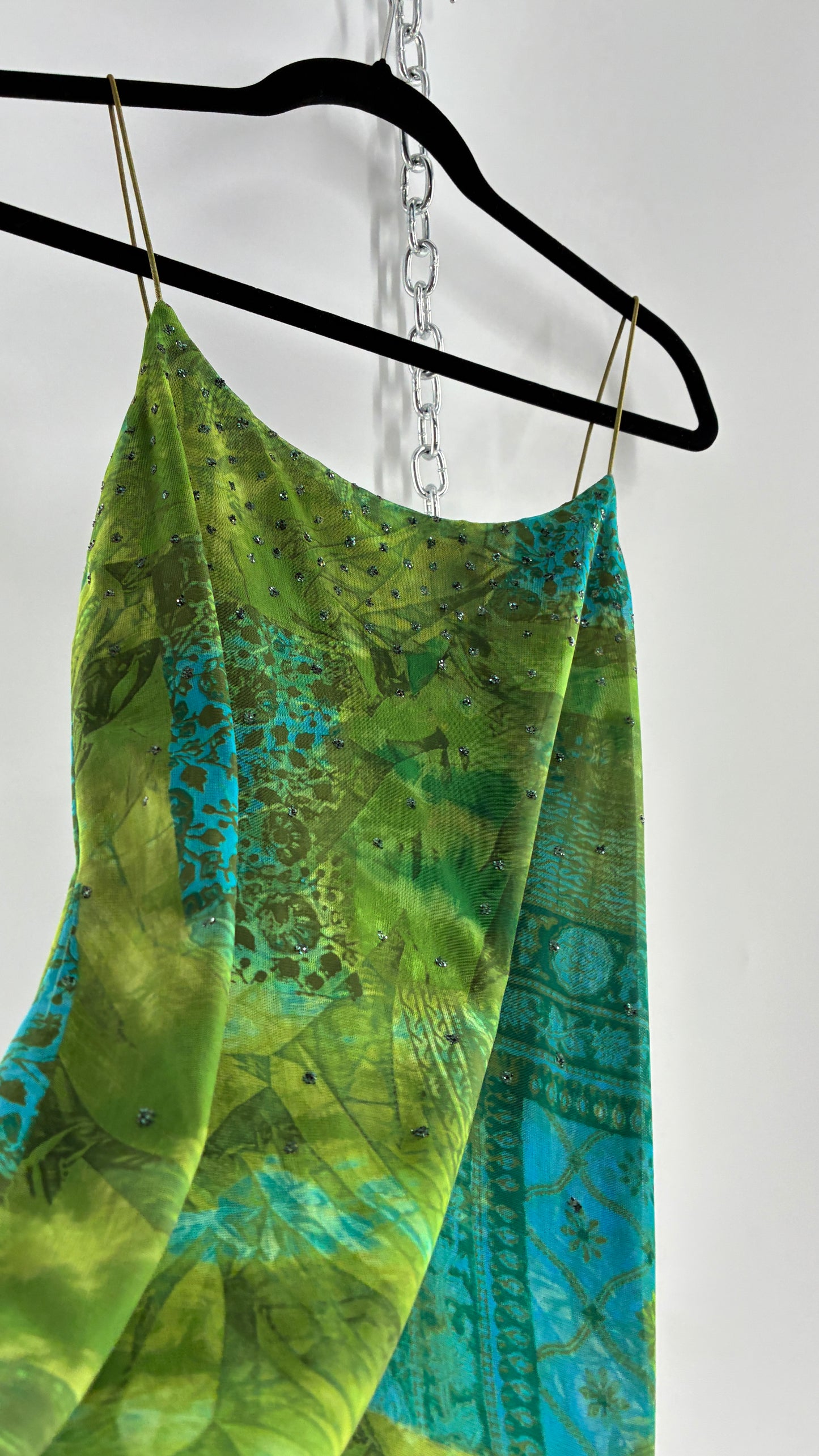 Vintage BYER TOO! CALIFORNIA Green and Blue Patchwork Patterned Midi Dress with Glitter Details and Slanted Cut (Medium)