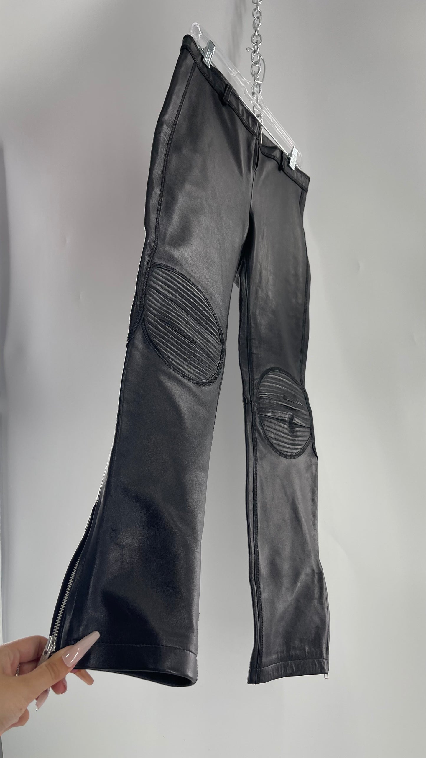 PAOLA FRANI 1990s Black Genuine Leather Low Waisted, Zip Front, Patched Bum and Knee Pants (8)