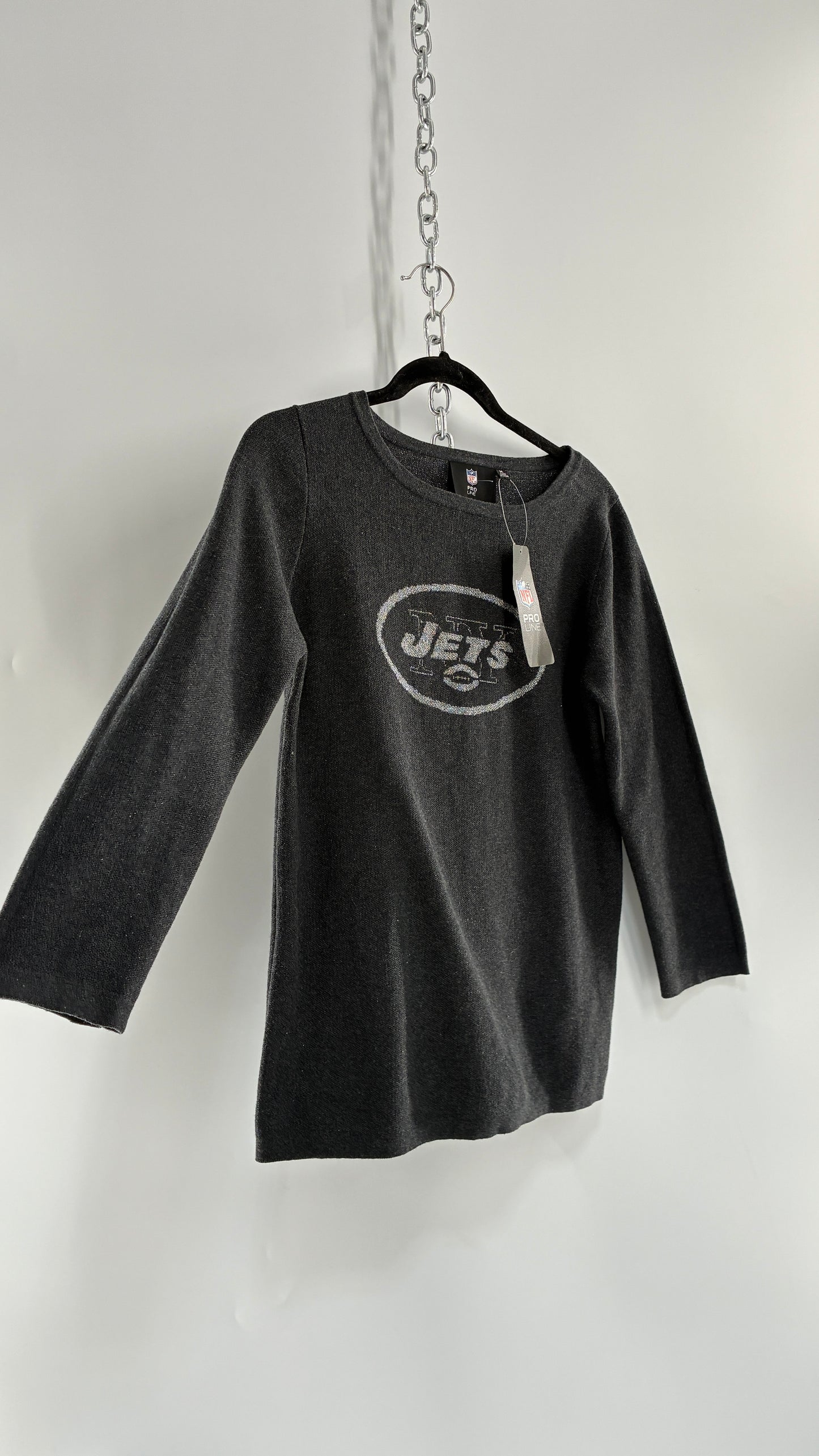 Deadstock Vintage 1990s New York JETS Grey Silver Tinsel NFL Knit Crewneck (Medium)