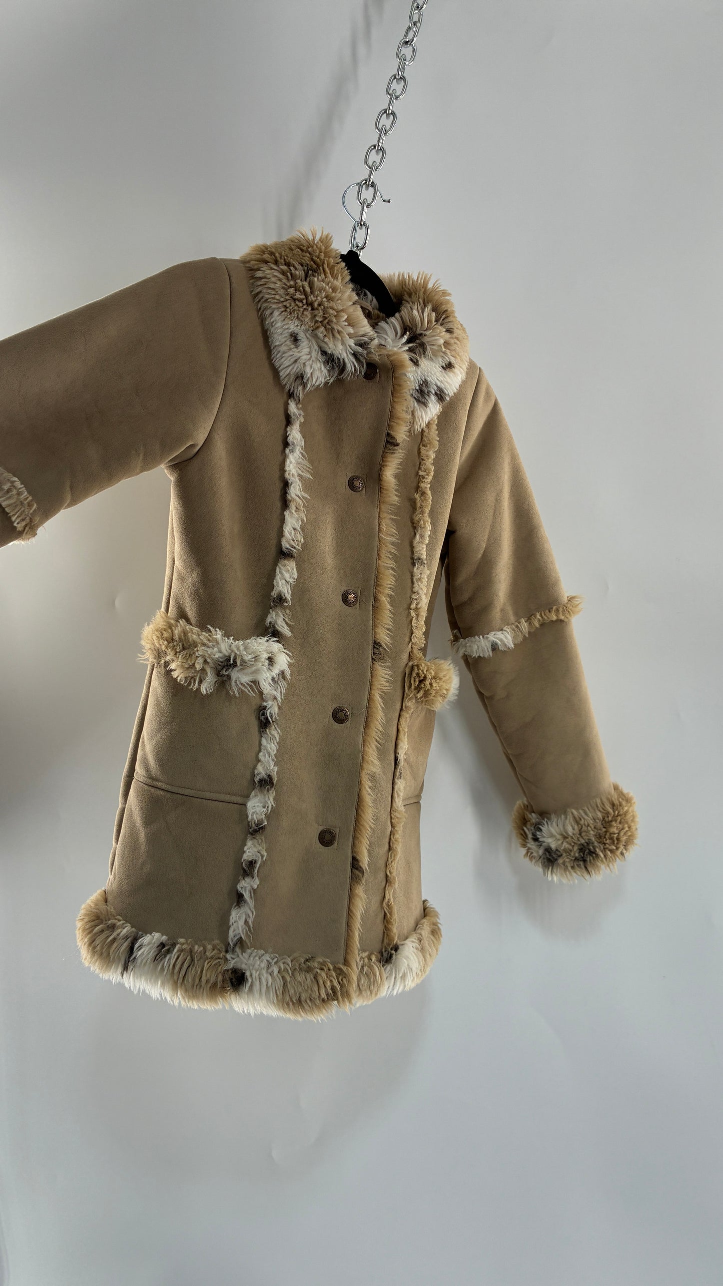 LONDON FOG (10/12) Vegan Suede Coat with Leopard Patterned Piping, Trim and Collar
