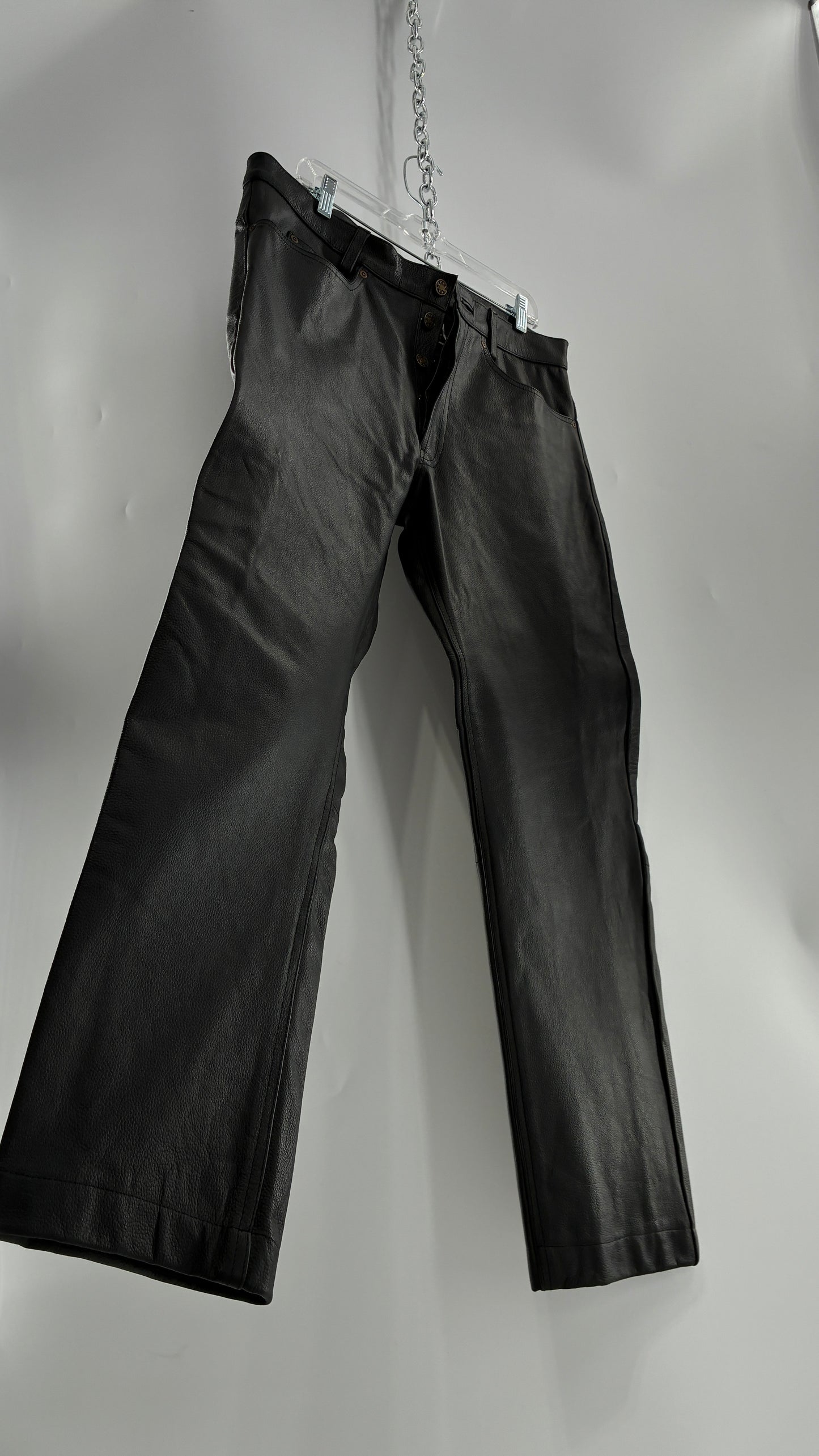 Vintage Button Front, French, Black, Thick Genuine Leather Pants (36)
