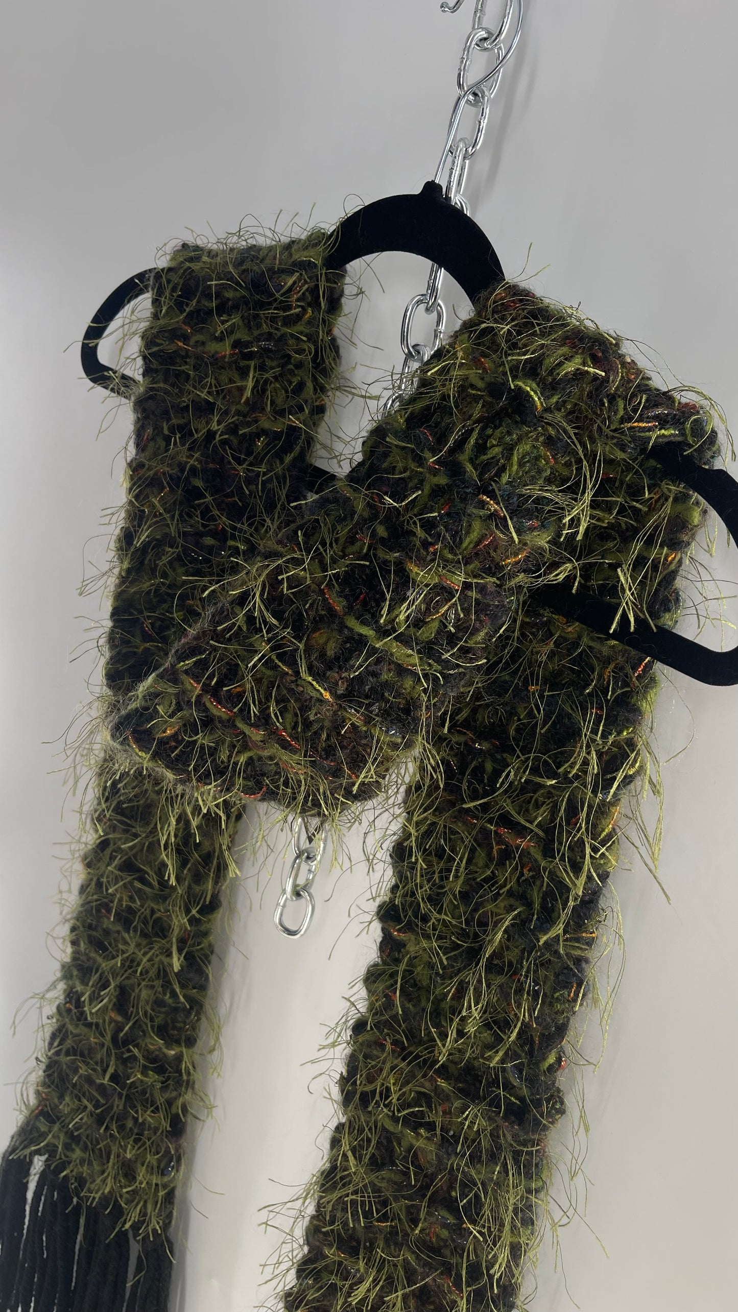 Vintage Fuzzy Super Thick Knit Green Shaggy Scarf with Tinsel