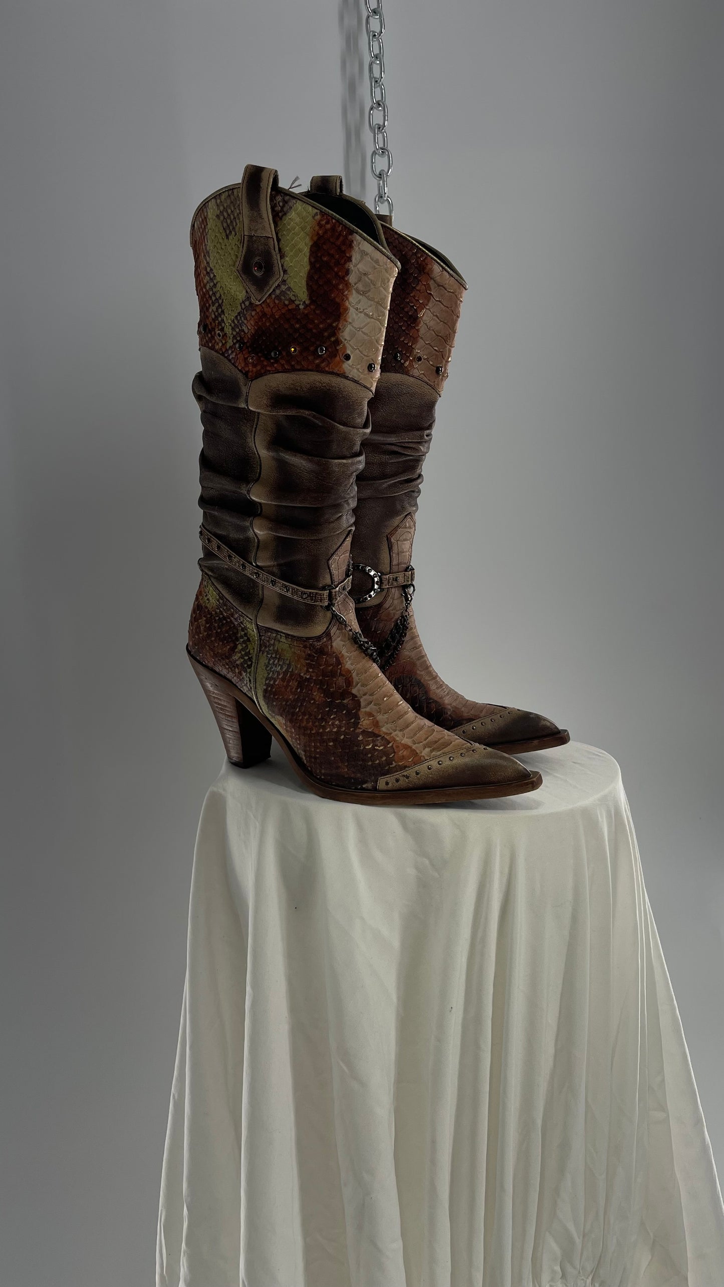 Vintage Steve Madden Stacked/Ruched Pointed Toe Cowboys with Snake Texture, Brown/Green/Orange with Chains and Studs (8)