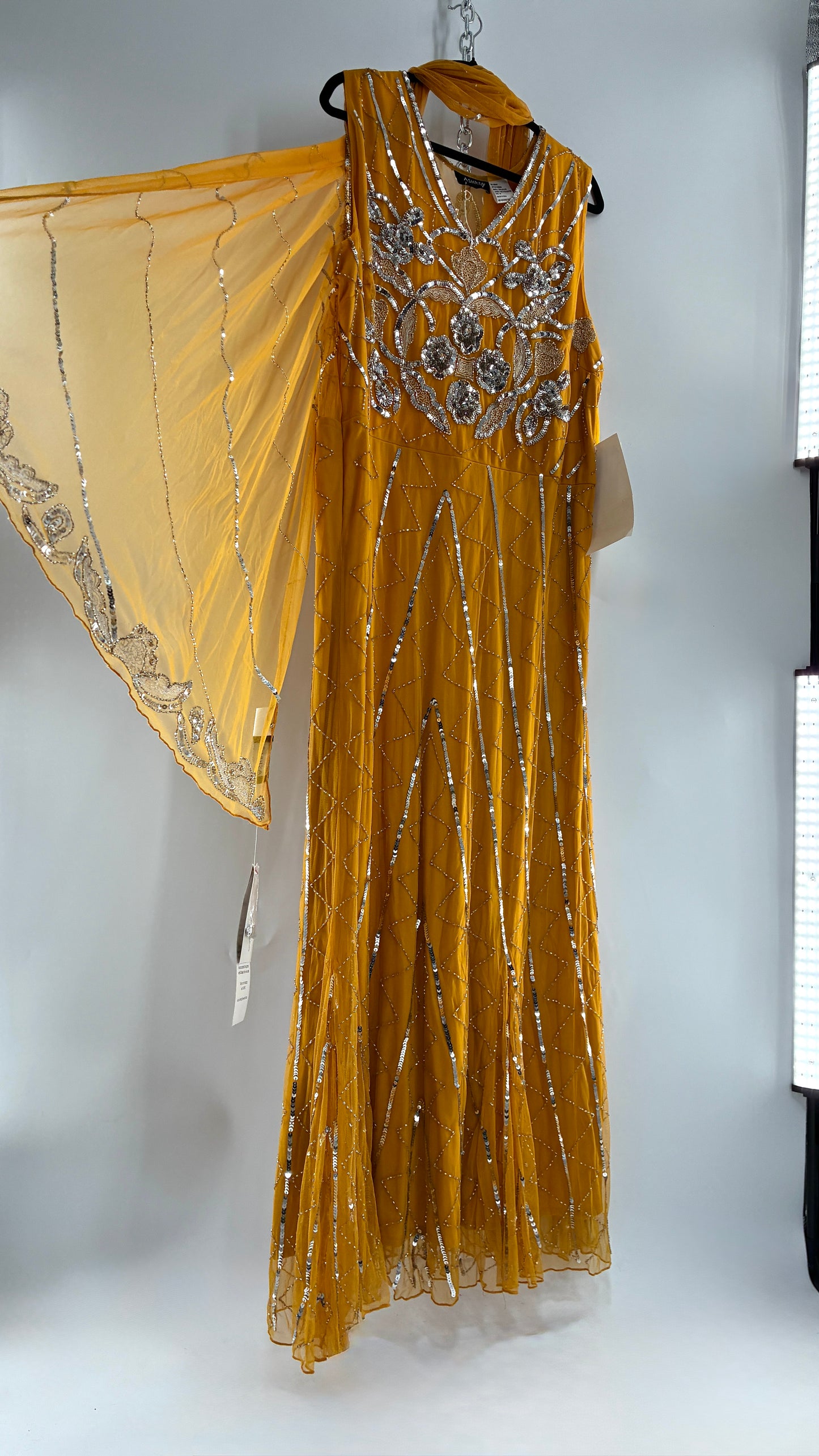 Deadstock Vintage ASHRO 1990s Mustard Yellow Dress with Sheer Back, Neck Scarf and Silver Beading (XXL)