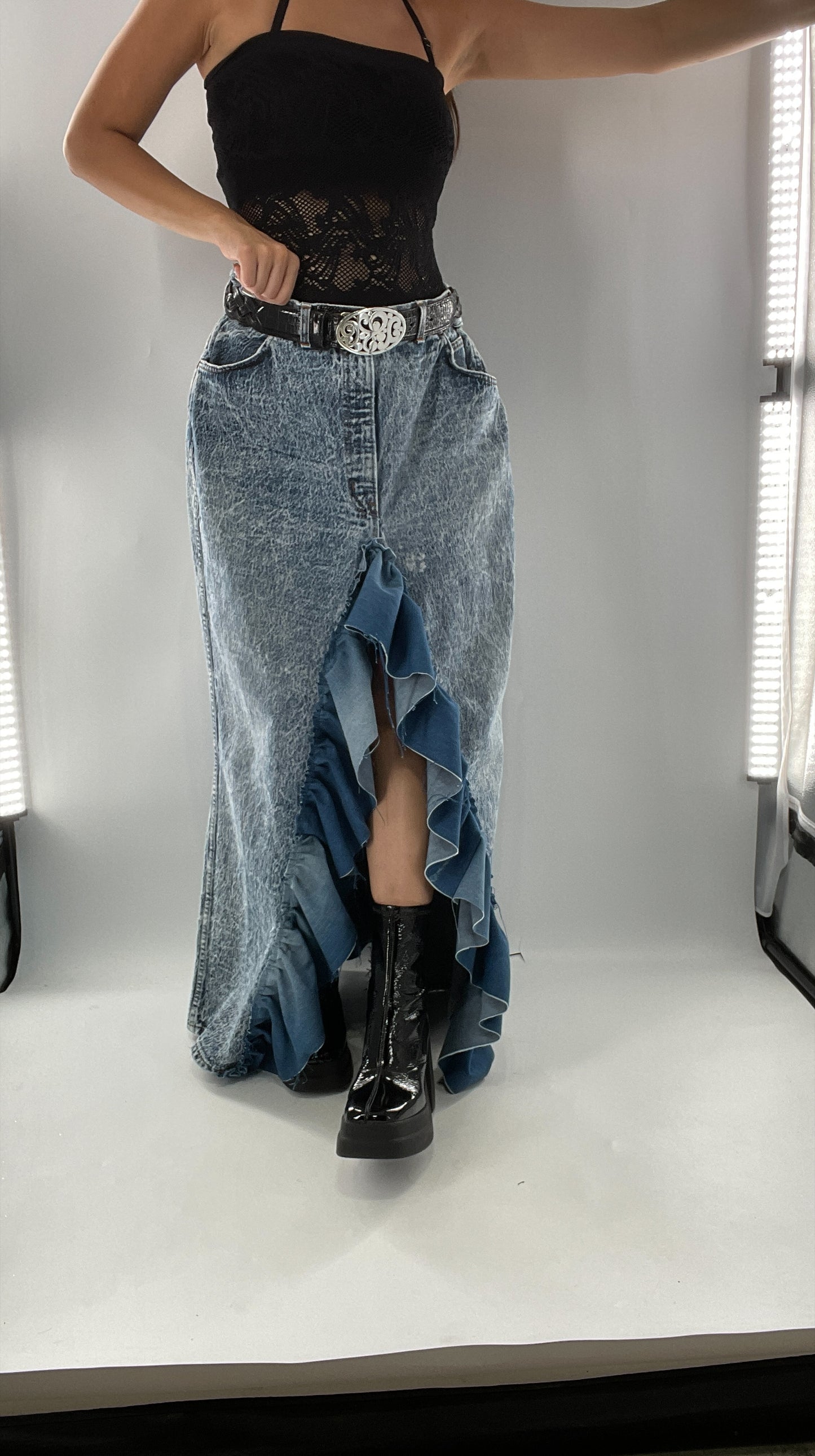 Custom Handmade Acid Wash Denim Slit Front Ruffled Skirt with Bow Bum (Large)