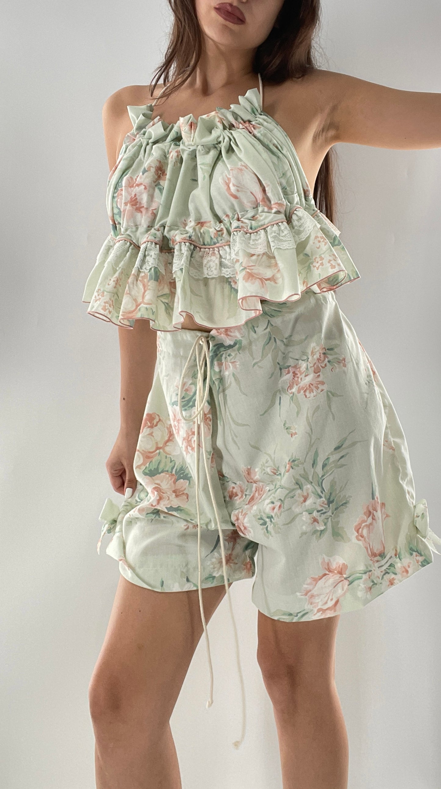 Vintage 2 Piece Bloomers and Babydoll Blouse Set Covered in Delicate Florals, Ruffles, Bows and Lace (One Size)