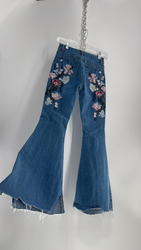 Medium Wash Denim Flares with Floral Embroidery (XS 0/2)