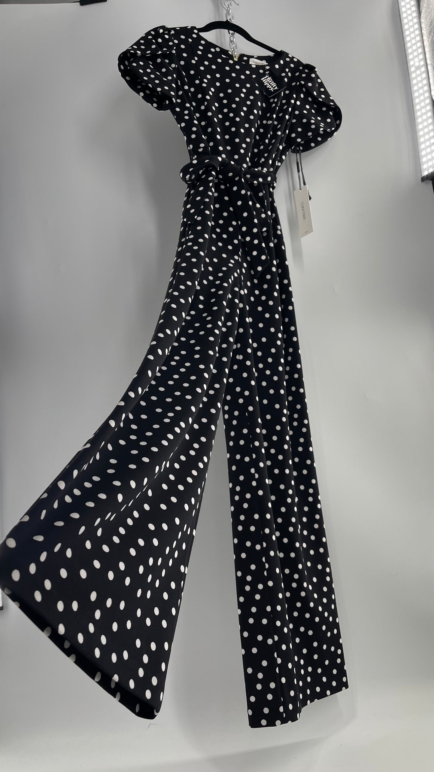 Calvin Klein Black/White Polka Dot Jumpsuit with Waist Tie and Wide Legs (10)