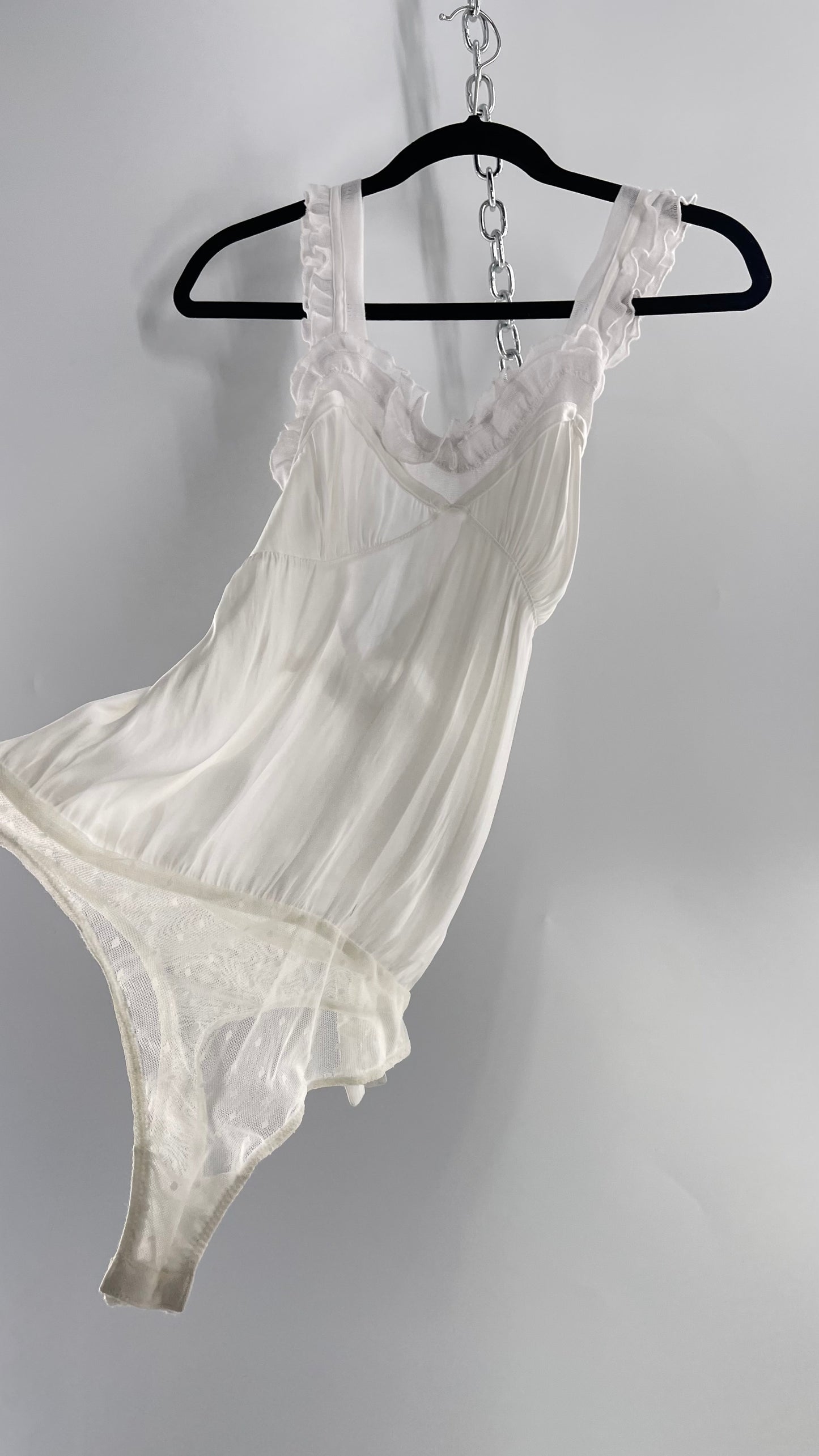 Free People White Silky Soft Bodysuit with Ruffled Bust-line and Straps (M)