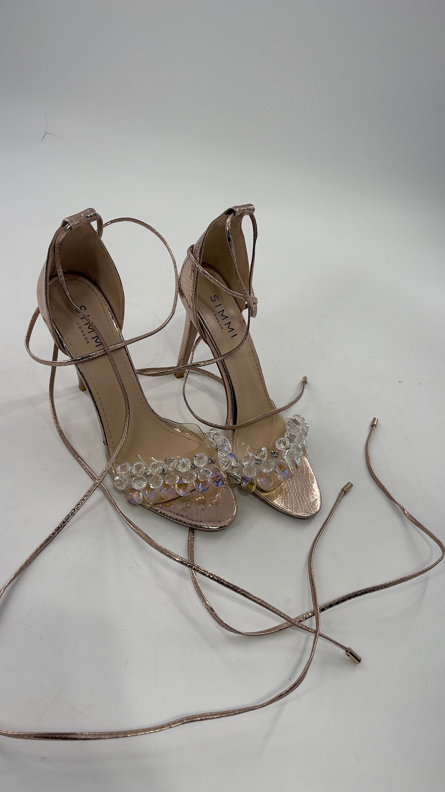 SIMMI LONDON Rose Gold Textured Heels with Clear Toe Strap Covered in Rhinestones/ Crystal Pendants and Tie Up Ankle Straps (7)